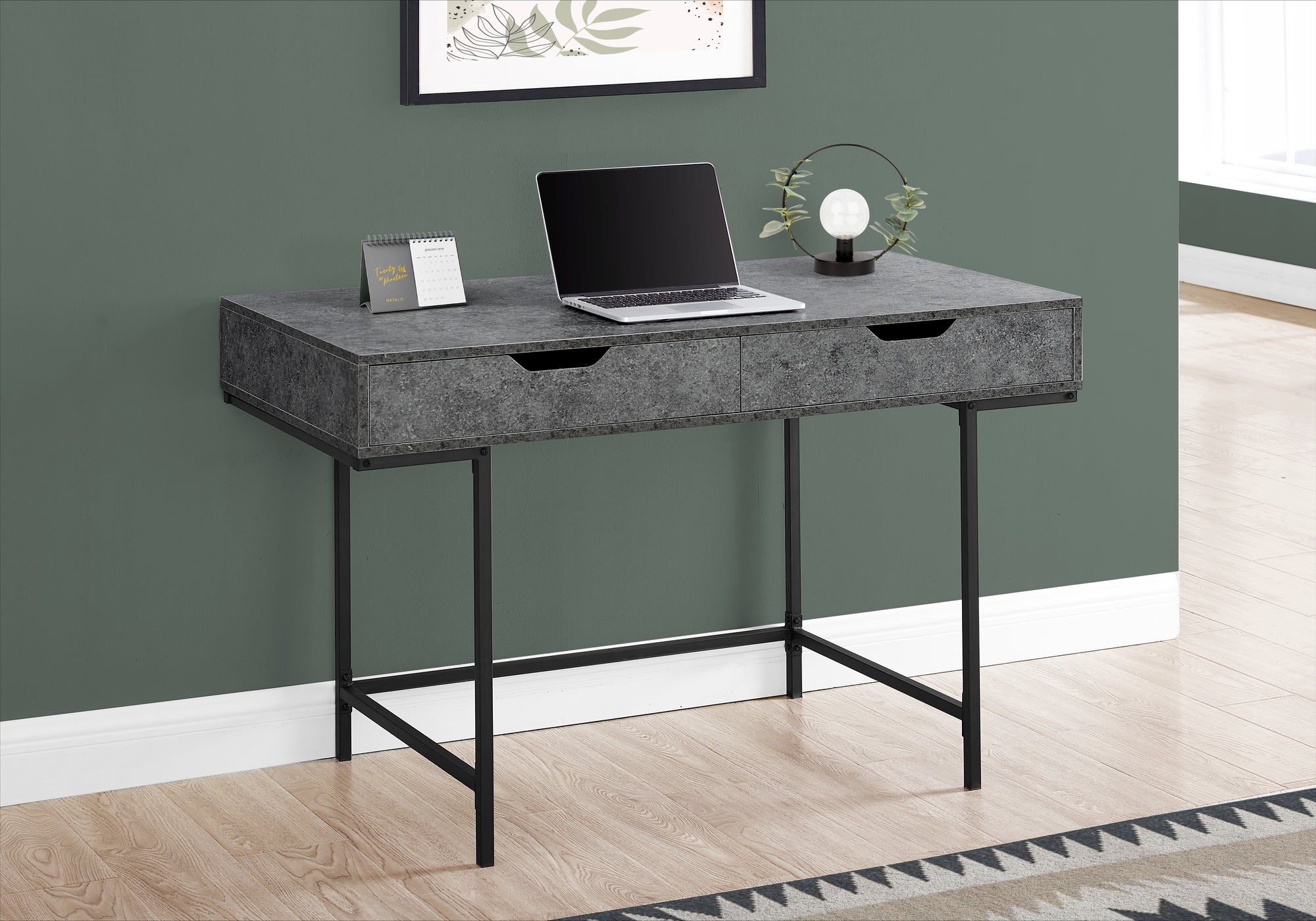 COMPUTER DESK - 48""L / GREY STONE-LOOK / BLACK METAL
