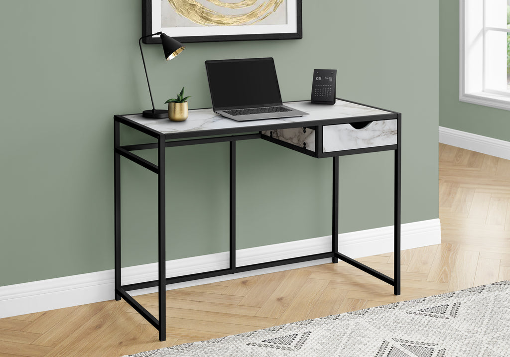 COMPUTER DESK - 42""L / WHITE MARBLE-LOOK / BLACK METAL