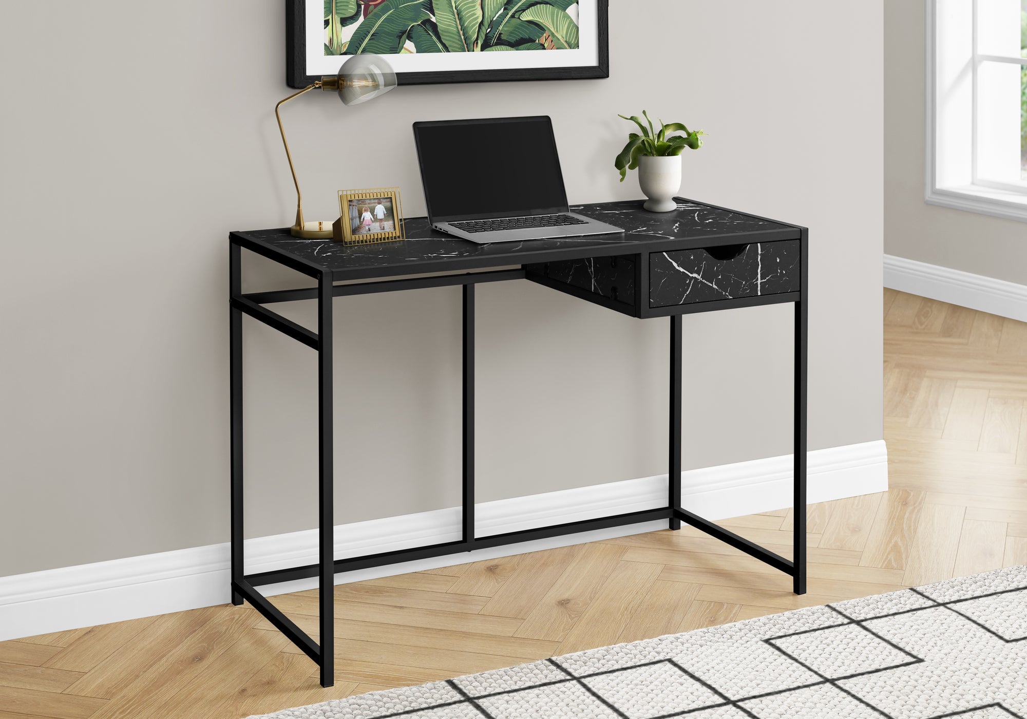 COMPUTER DESK - 42""L / BLACK MARBLE-LOOK / BLACK METAL