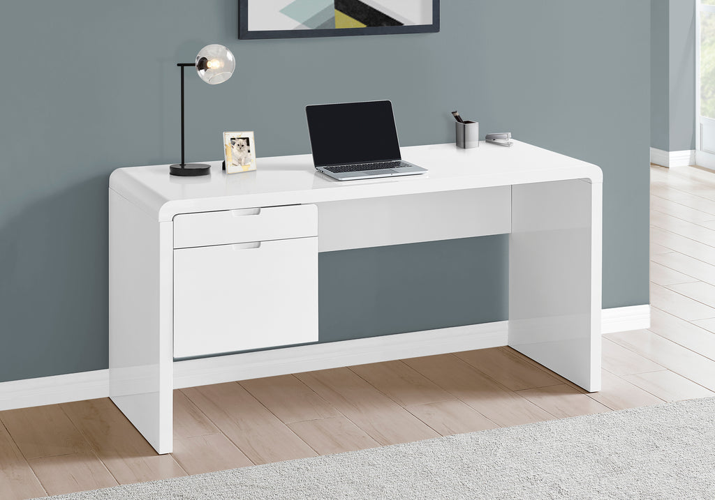 COMPUTER DESK - 60""L / HIGH GLOSSY WHITE L/R FACE DRAWER