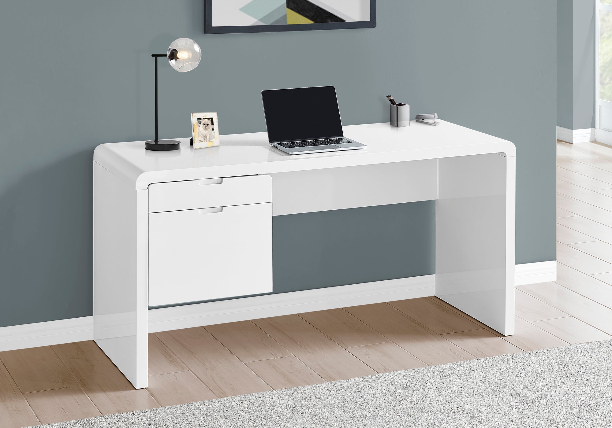 COMPUTER DESK - 60""L / HIGH GLOSSY WHITE L/R FACE DRAWER