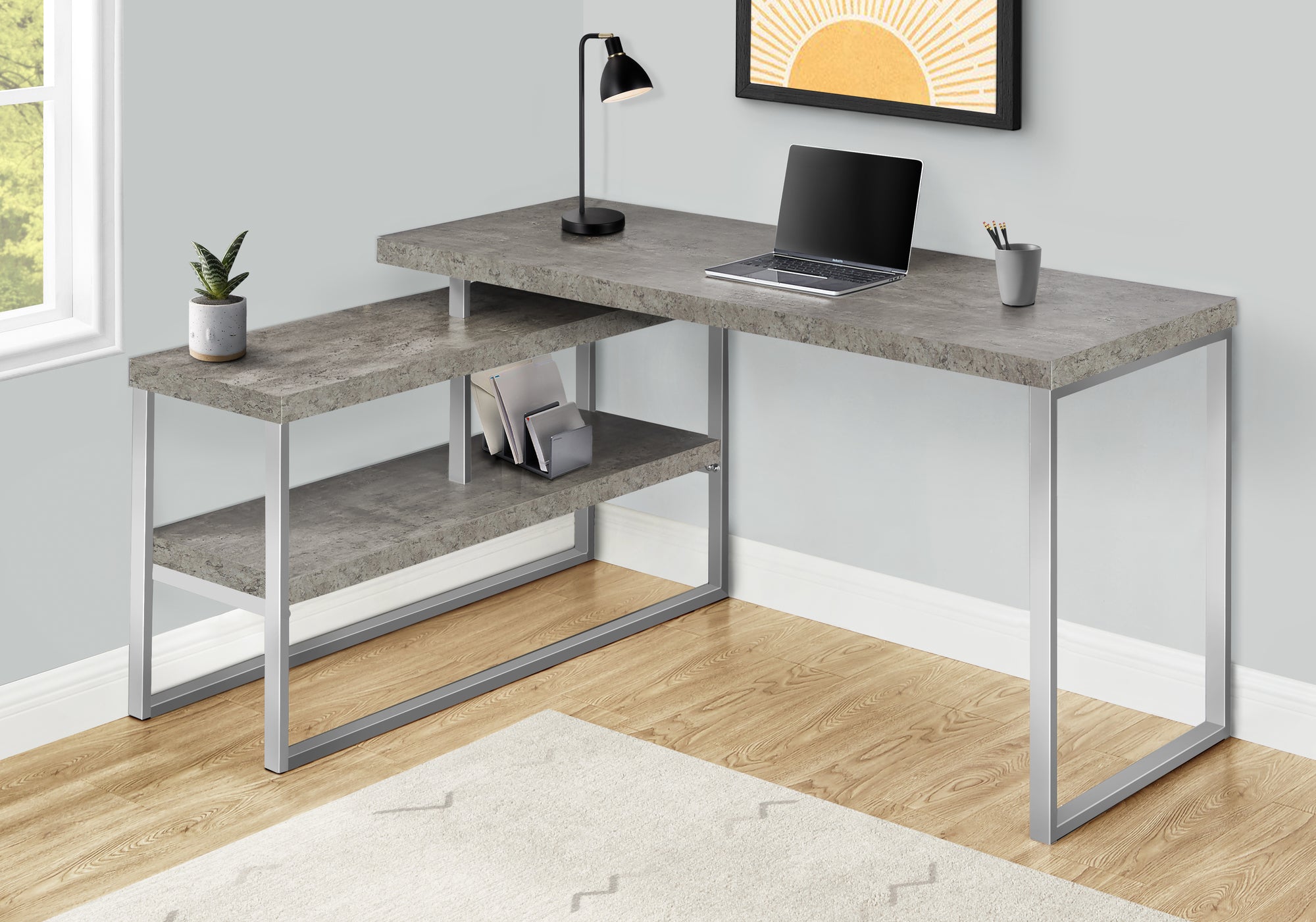 COMPUTER DESK - 60""L / CONCRETE / SILVER METAL L/R CORNER