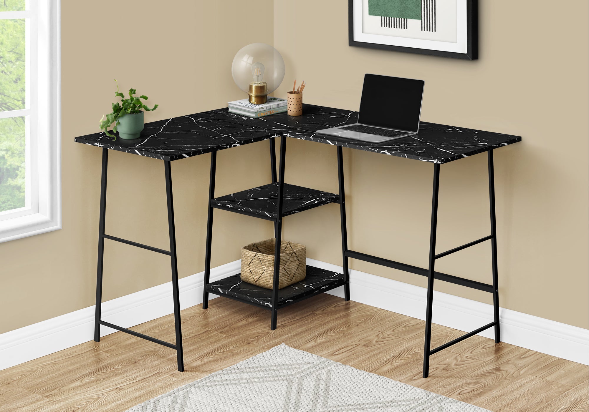 COMPUTER DESK - 48""L / BLACK MARBLE / BLACK METAL CORNER