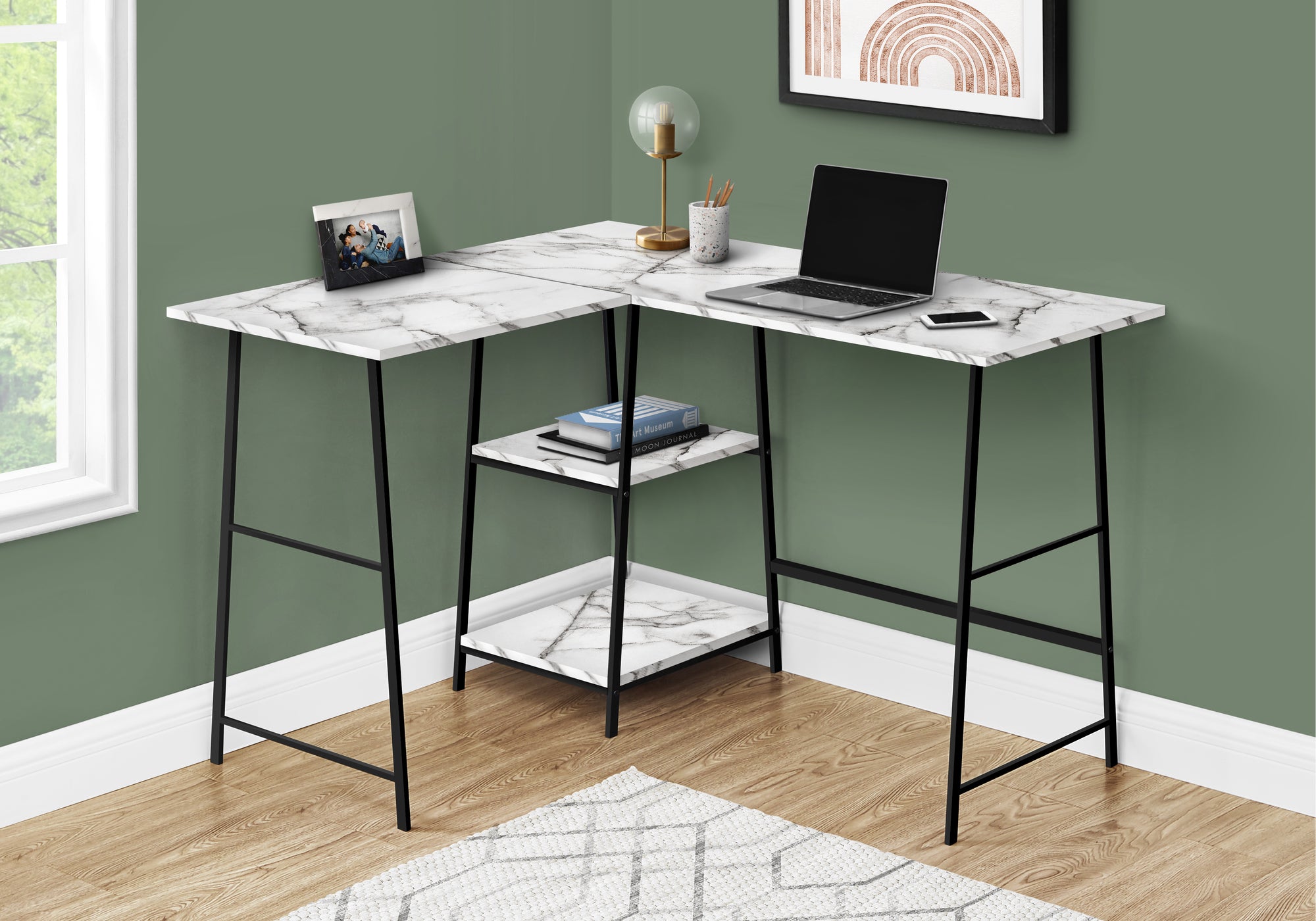 COMPUTER DESK - 48""L / WHITE MARBLE / BLACK METAL CORNER