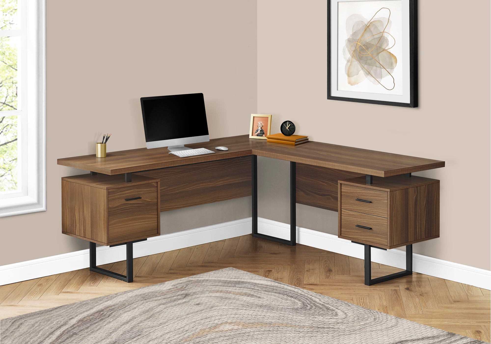COMPUTER DESK - 70""L / WALNUT / BLACK METAL / L/R FACE