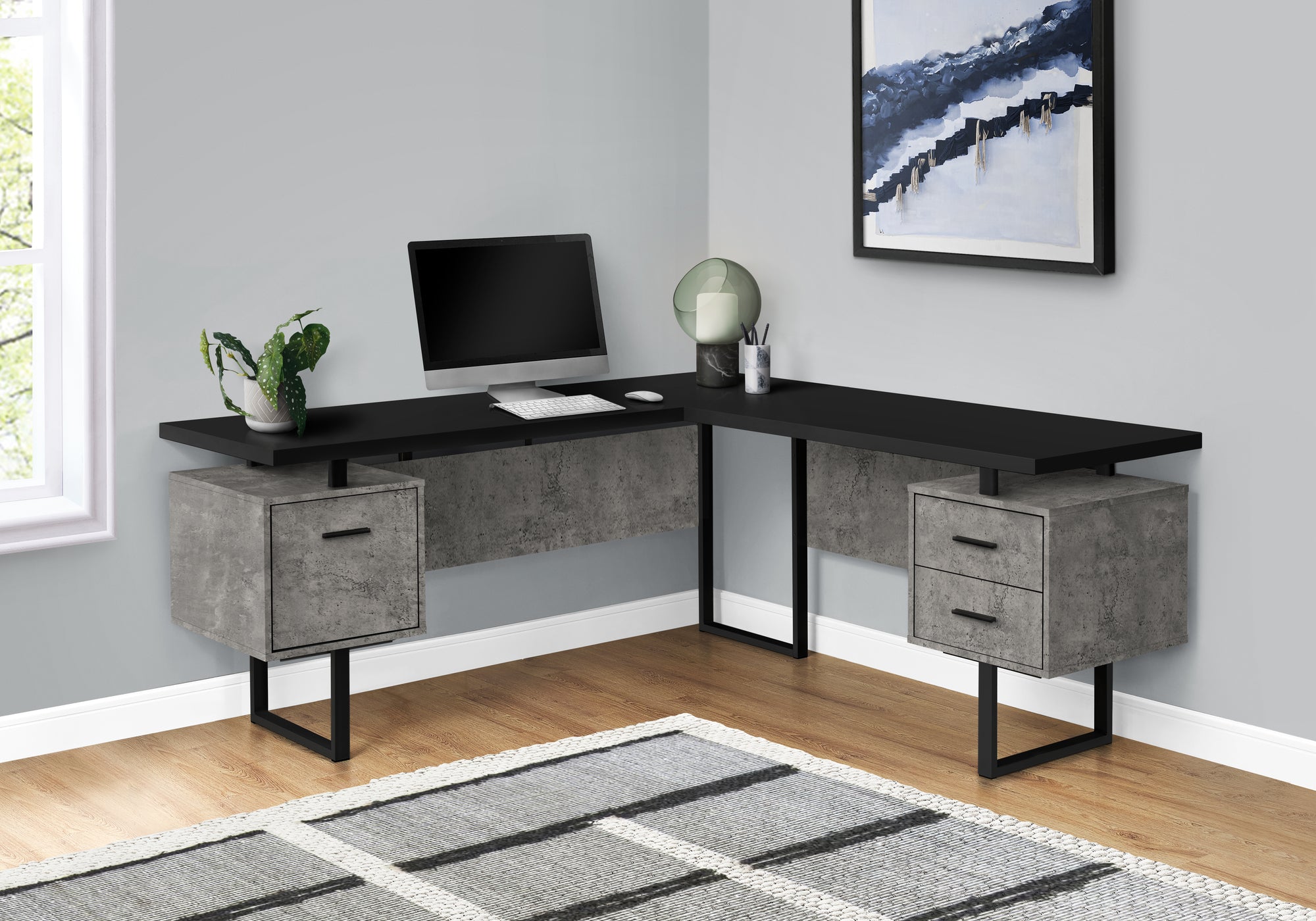 COMPUTER DESK - 70""L / BLACK/ CONCRETE/ BLACK METAL / L/R