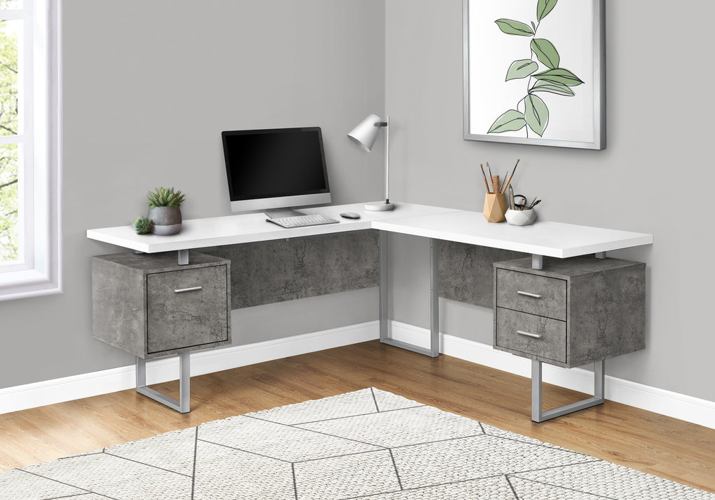 COMPUTER DESK - 70""L / WHITE/ CONCRETE/ SILVER METAL/ L/R