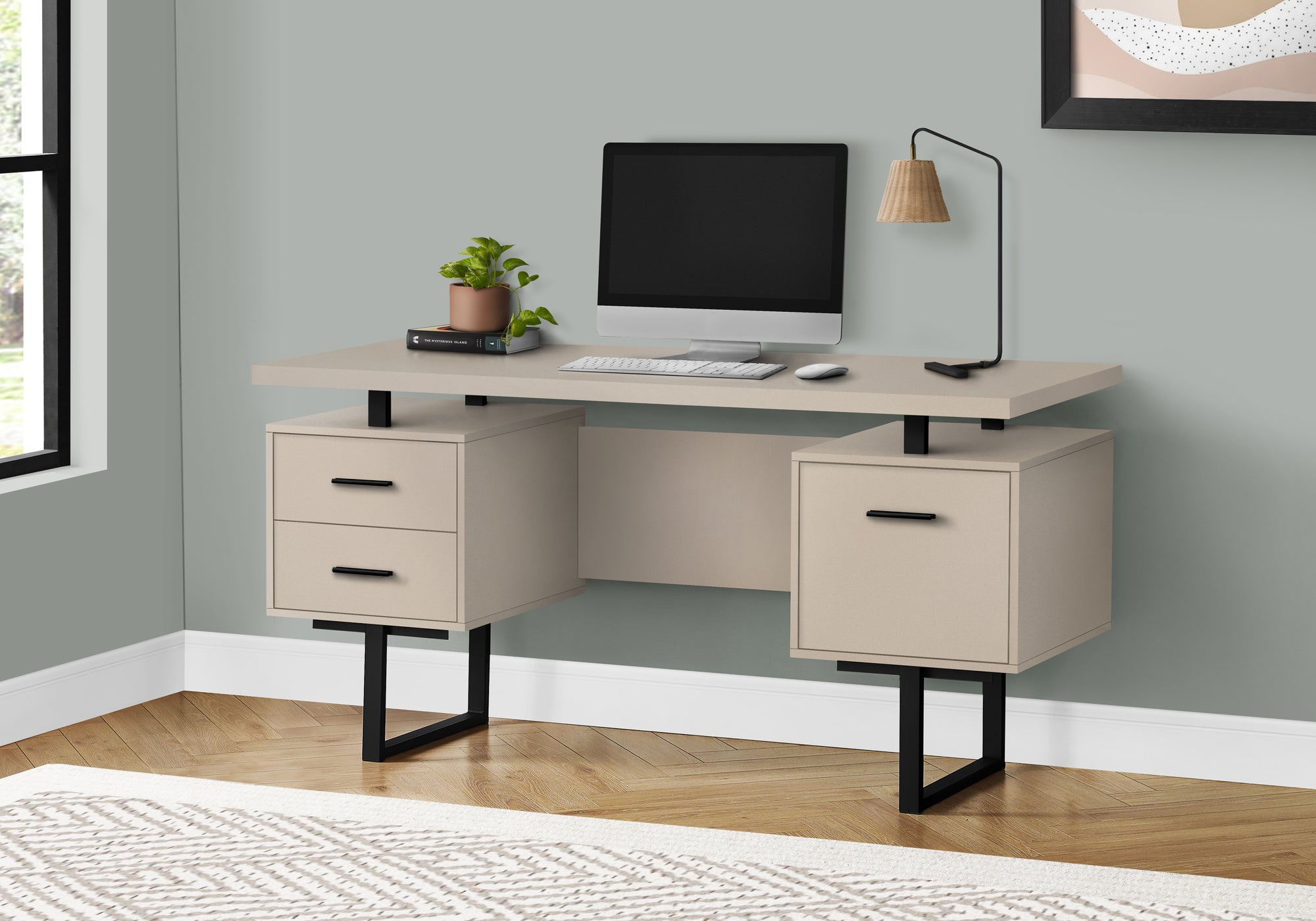 COMPUTER DESK - 60""L / MODERN TAUPE / BLACK METAL