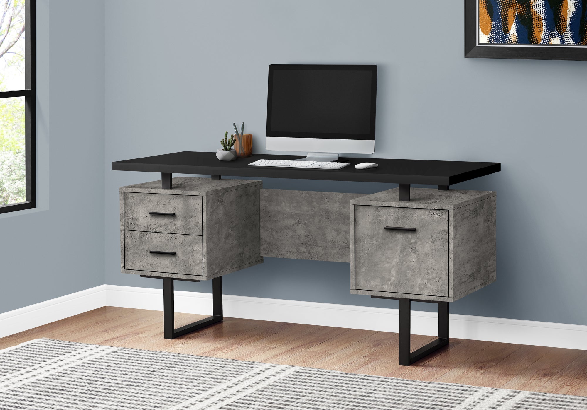 COMPUTER DESK - 60""L/BLACK/GREY CONCRETE/ BLACK METAL