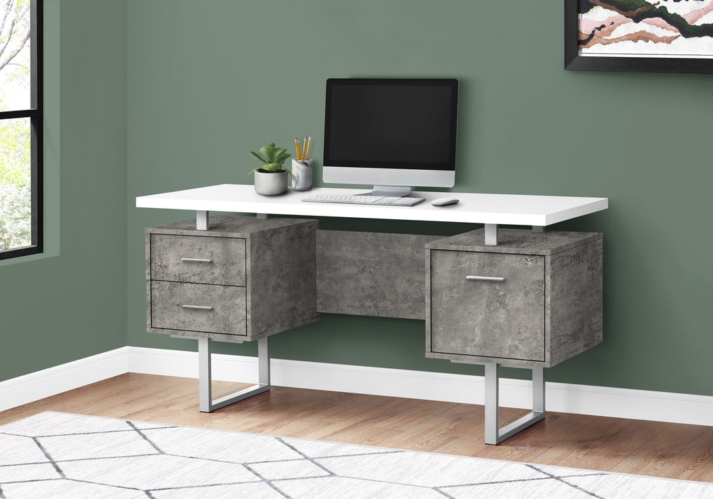 COMPUTER DESK - 60""L / WHITE/ GREY CONCRETE/ SILVER METAL