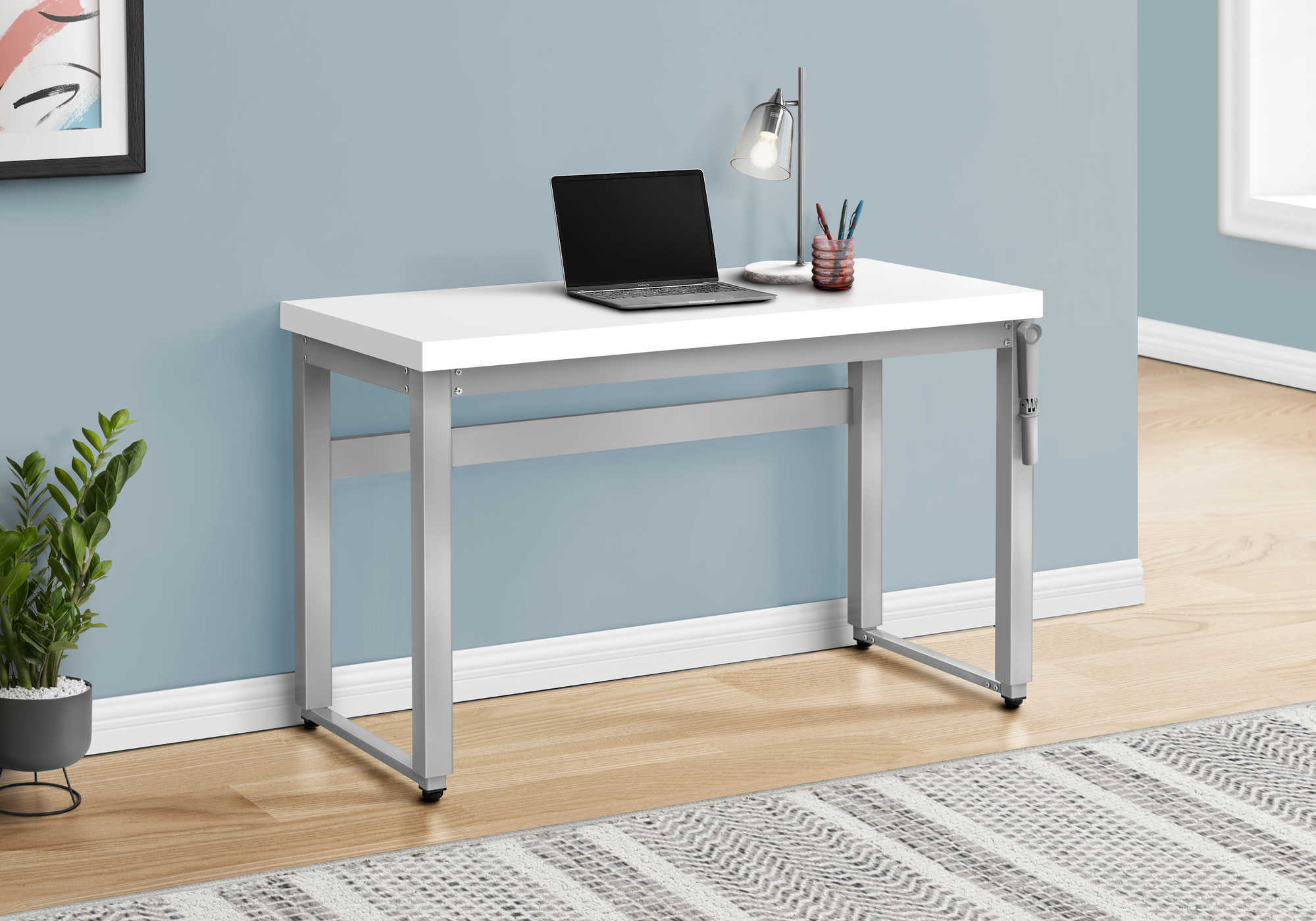COMPUTER DESK - 48""L / WHITE / ADJ.HEIGHT/ SILVER METAL