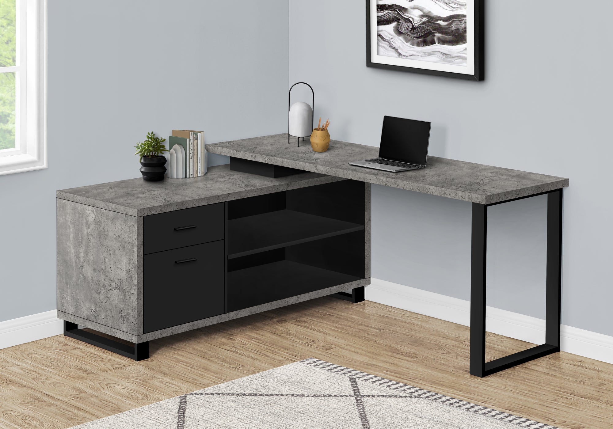 COMPUTER DESK - 72""L GREY CONCRETE/BLACK EXECUTIVE CORNER