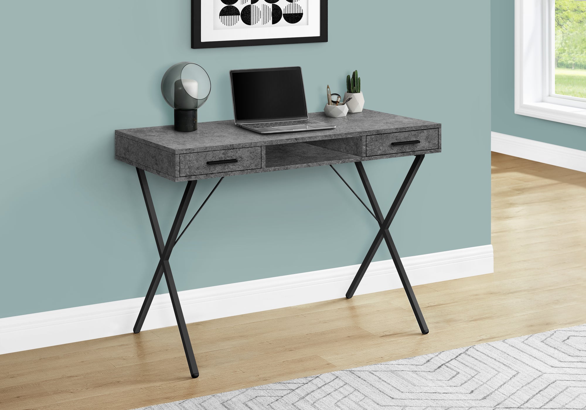 COMPUTER DESK - 42""L / GREY STONE-LOOK / BLACK METAL