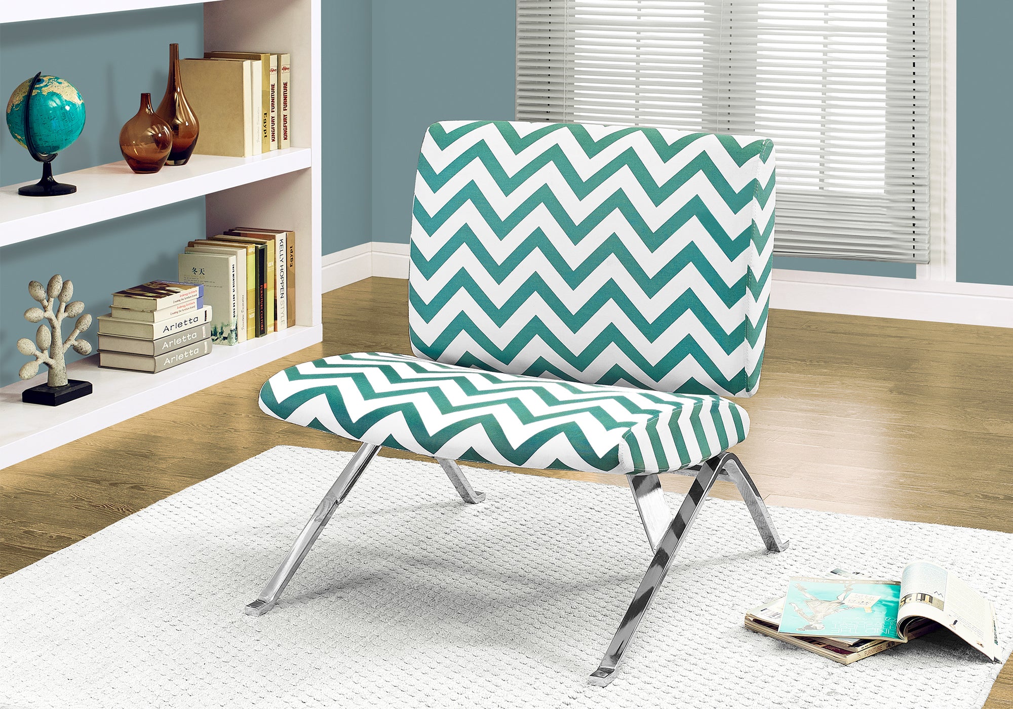 ACCENT CHAIR - TEAL "" CHEVRON "" FABRIC / CHROME METAL