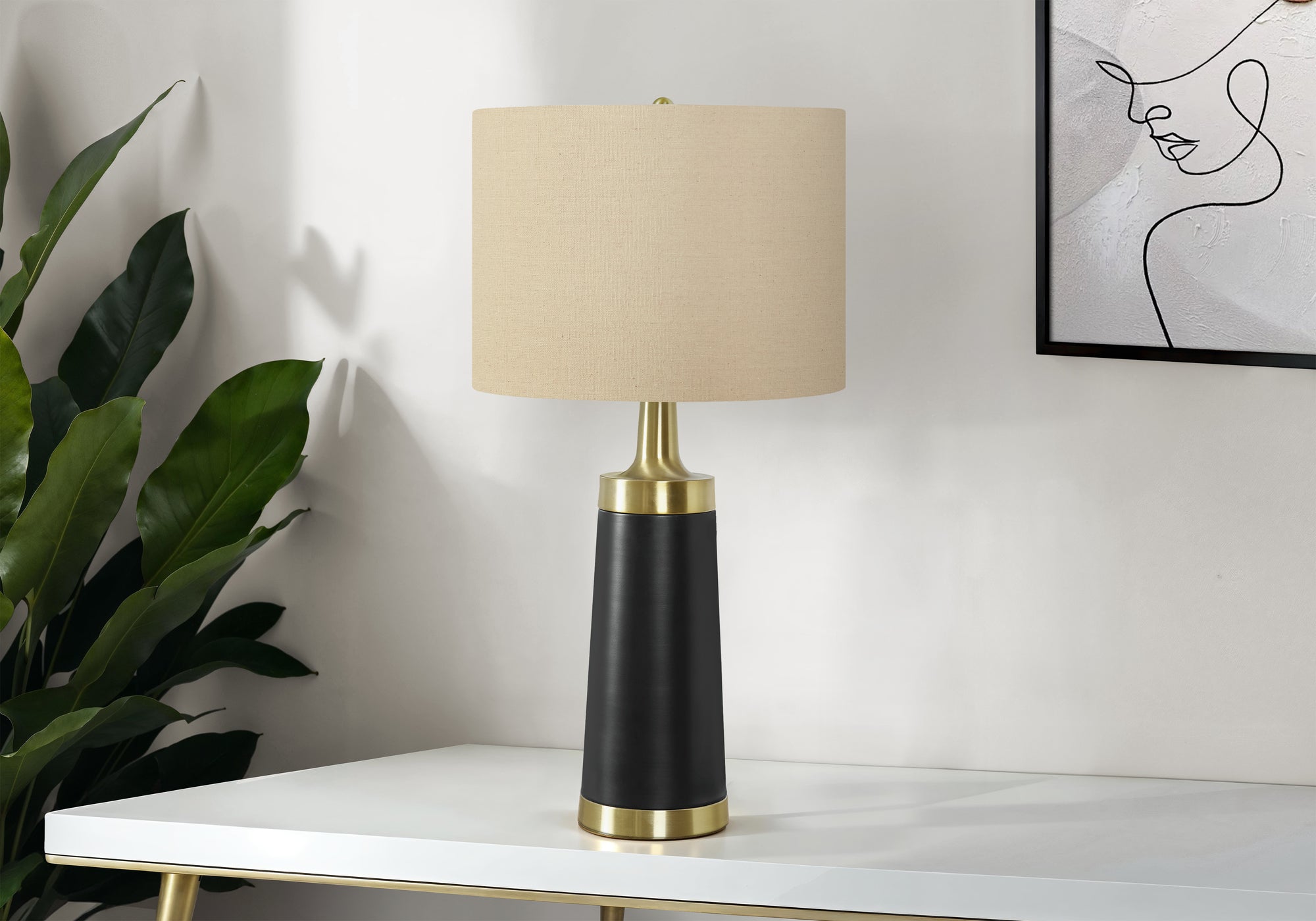 LIGHTING - 28""H TABLE LAMP BLACK METAL / BEIGE SHADE