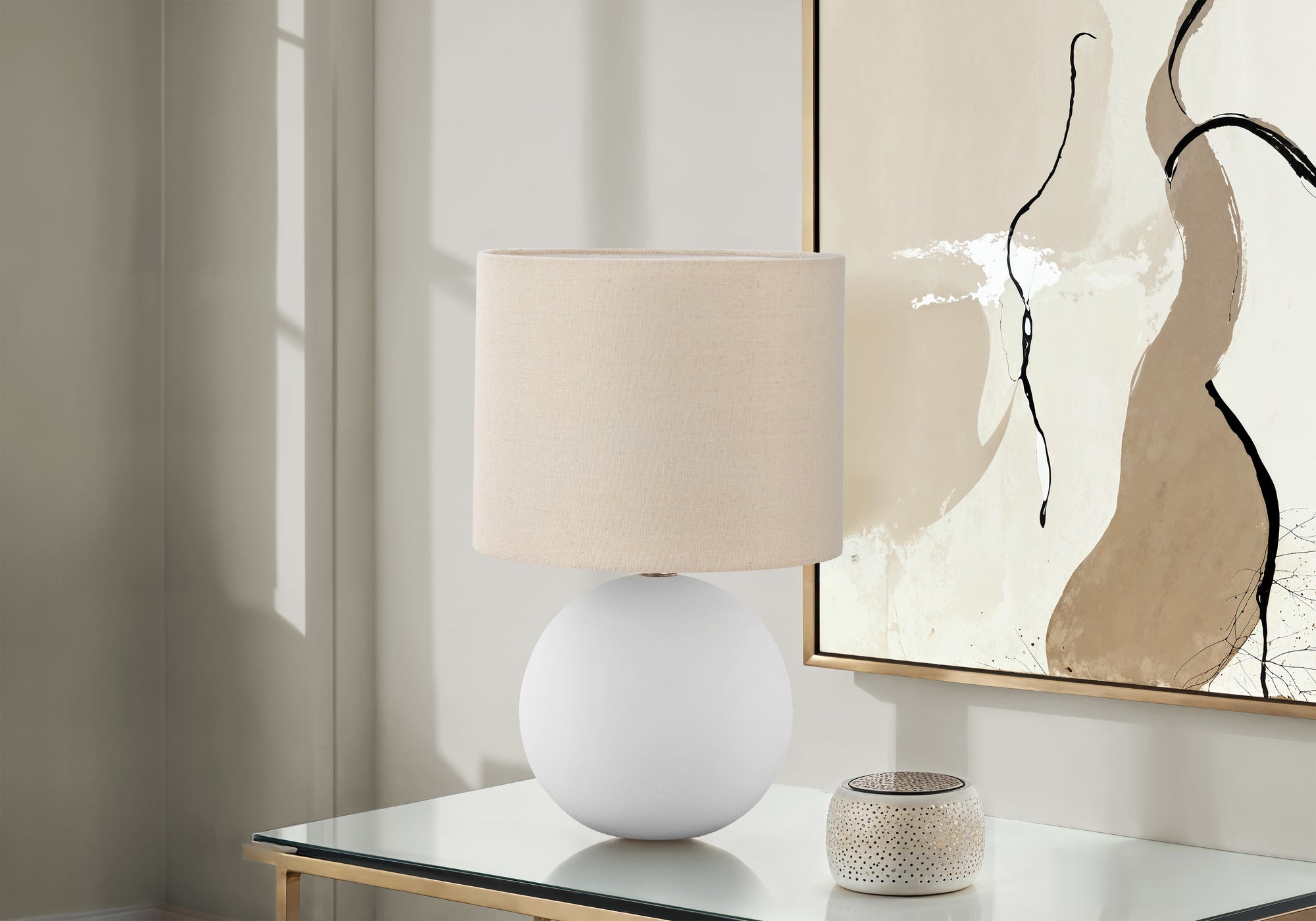 LIGHTING - 16""H TABLE LAMP CREAM CERAMIC / BEIGE SHADE