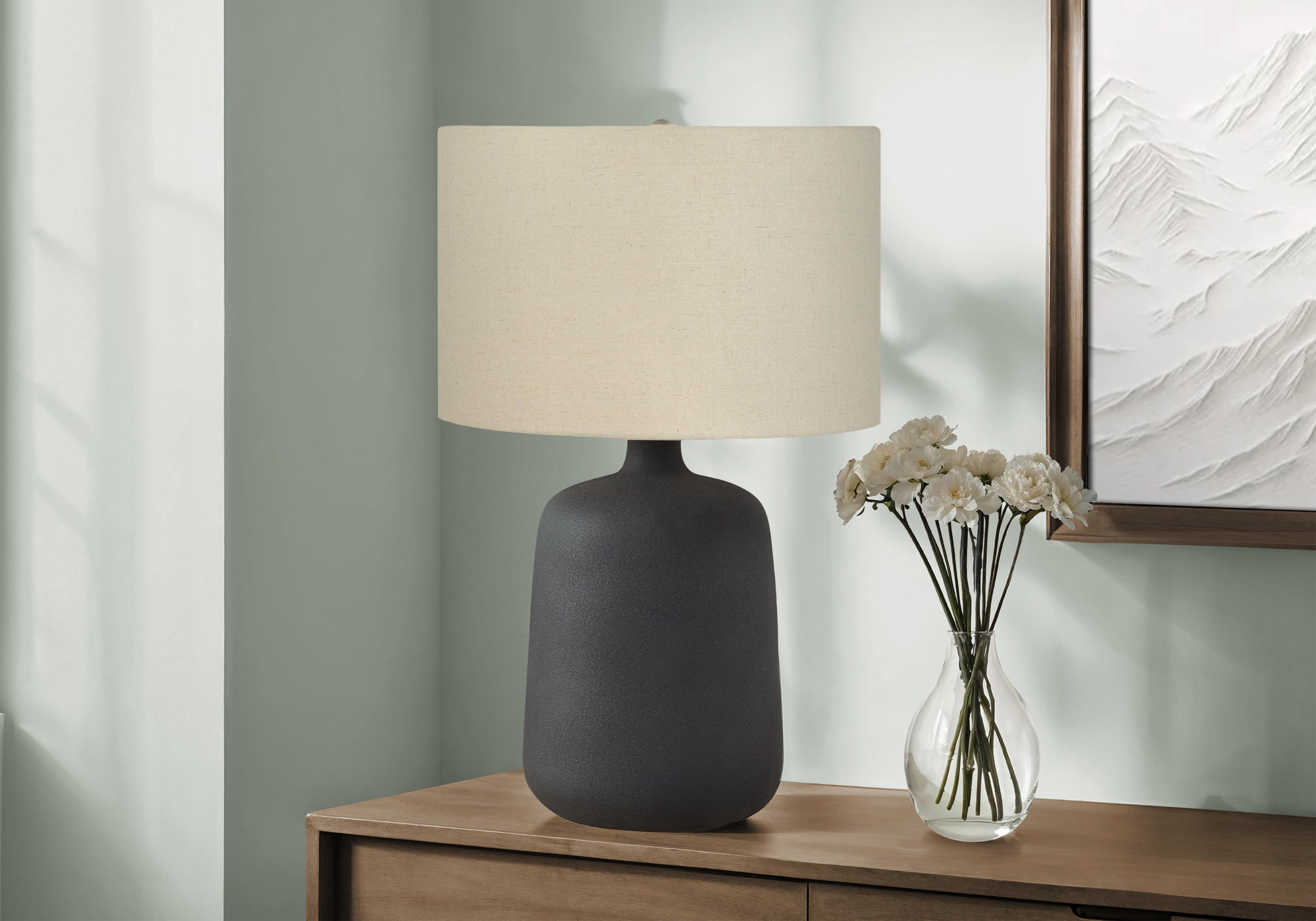 LIGHTING - 24""H TABLE LAMP BLACK CERAMIC / BEIGE SHADE