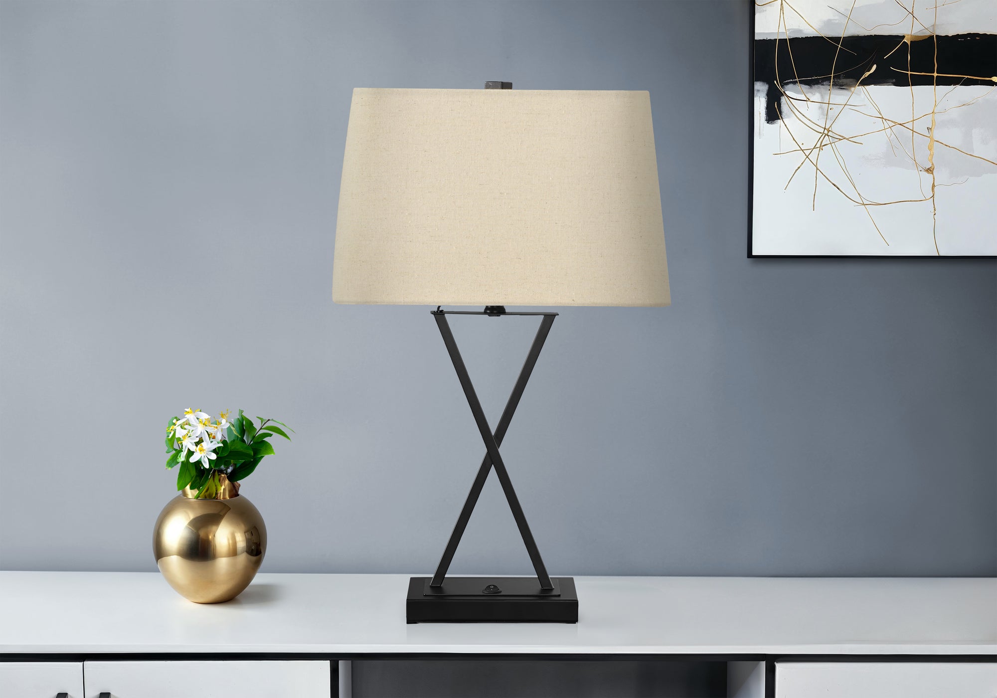 LIGHTING - 25""H TABLE LAMP BLACK METAL/BEIGE SHADE/USB