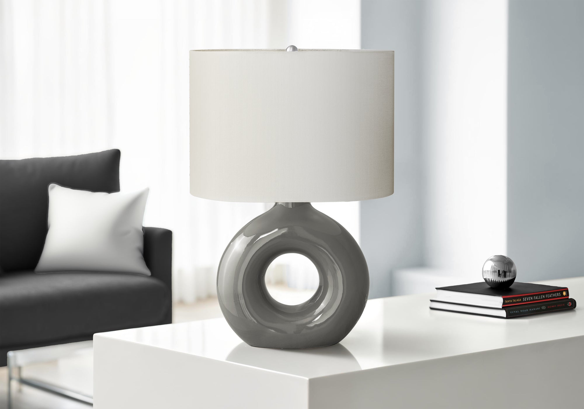 LIGHTING - 24""H TABLE LAMP GREY CERAMIC / IVORY SHADE