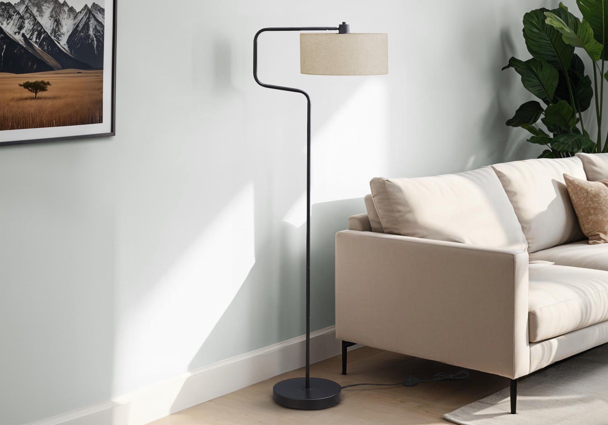 LIGHTING - 61""H FLOOR LAMP BLACK METAL / BEIGE SHADE