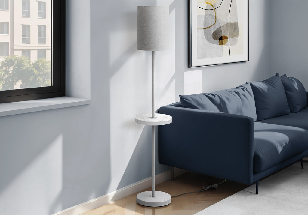 LIGHTING - 62""H FLOOR LAMP SILVER METAL / GREY SHADE /USB