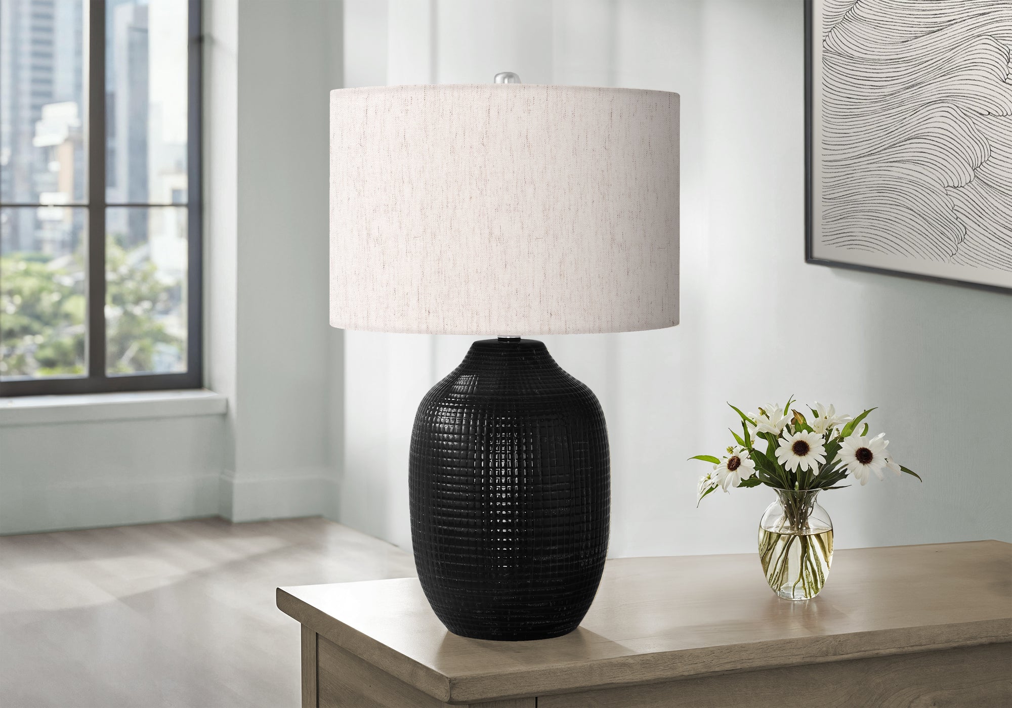 LIGHTING - 26""H TABLE LAMP BLACK CERAMIC / IVORY SHADE