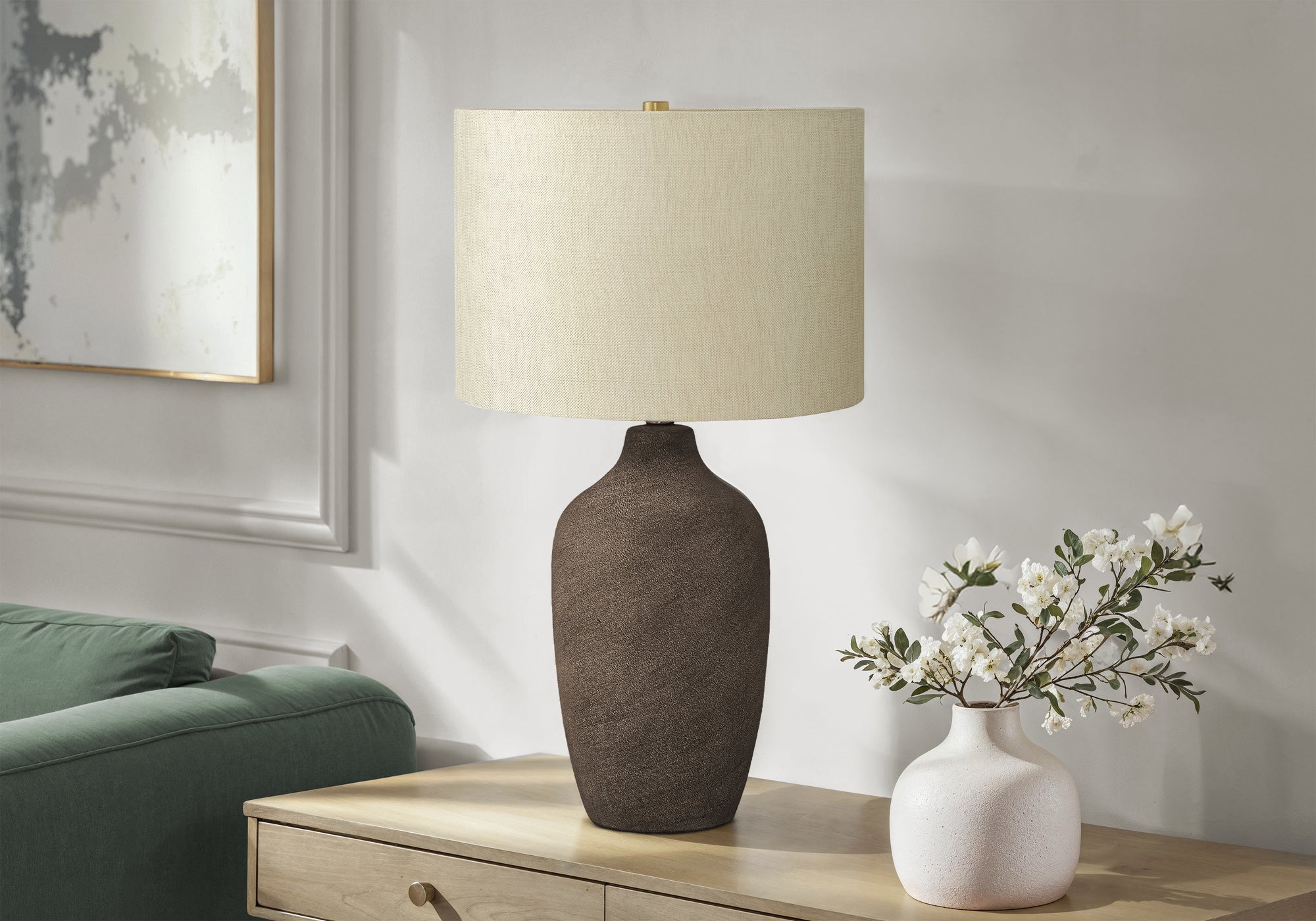LIGHTING - 27""H TABLE LAMP GREY CERAMIC / BEIGE SHADE