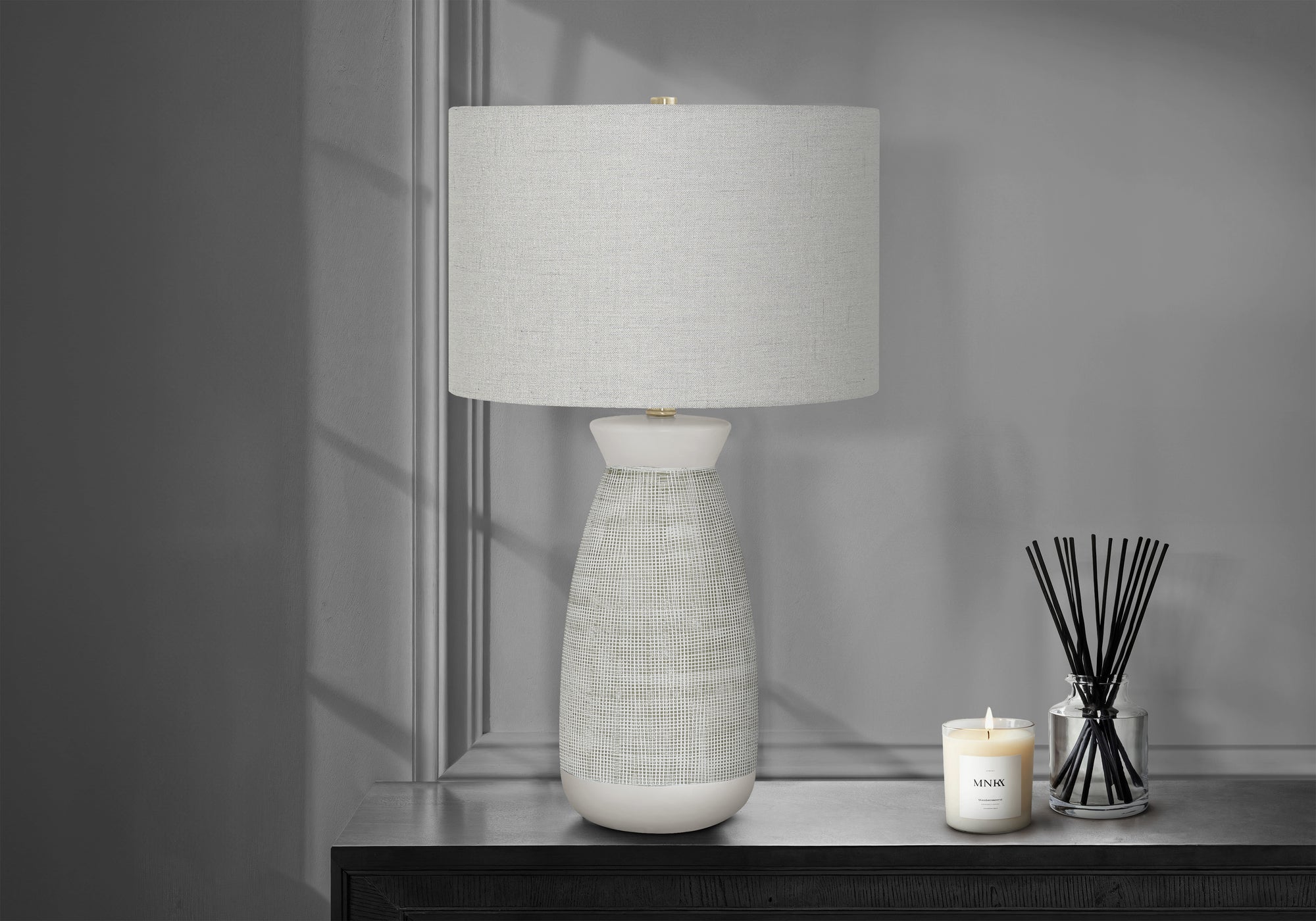 LIGHTING - 27""H TABLE LAMP GREY CERAMIC / GREY SHADE