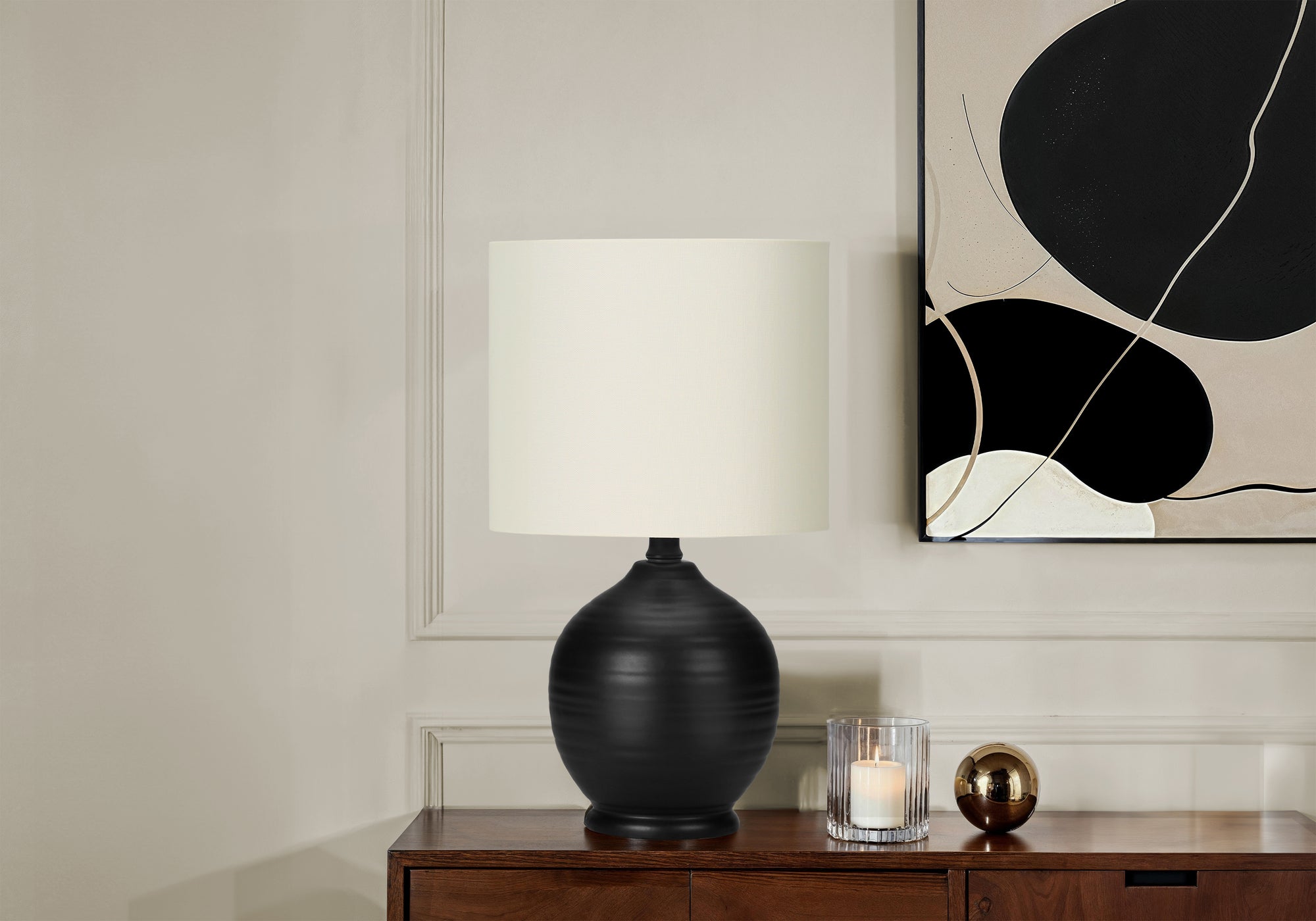 LIGHTING - 17""H TABLE LAMP BLACK CERAMIC / IVORY SHADE