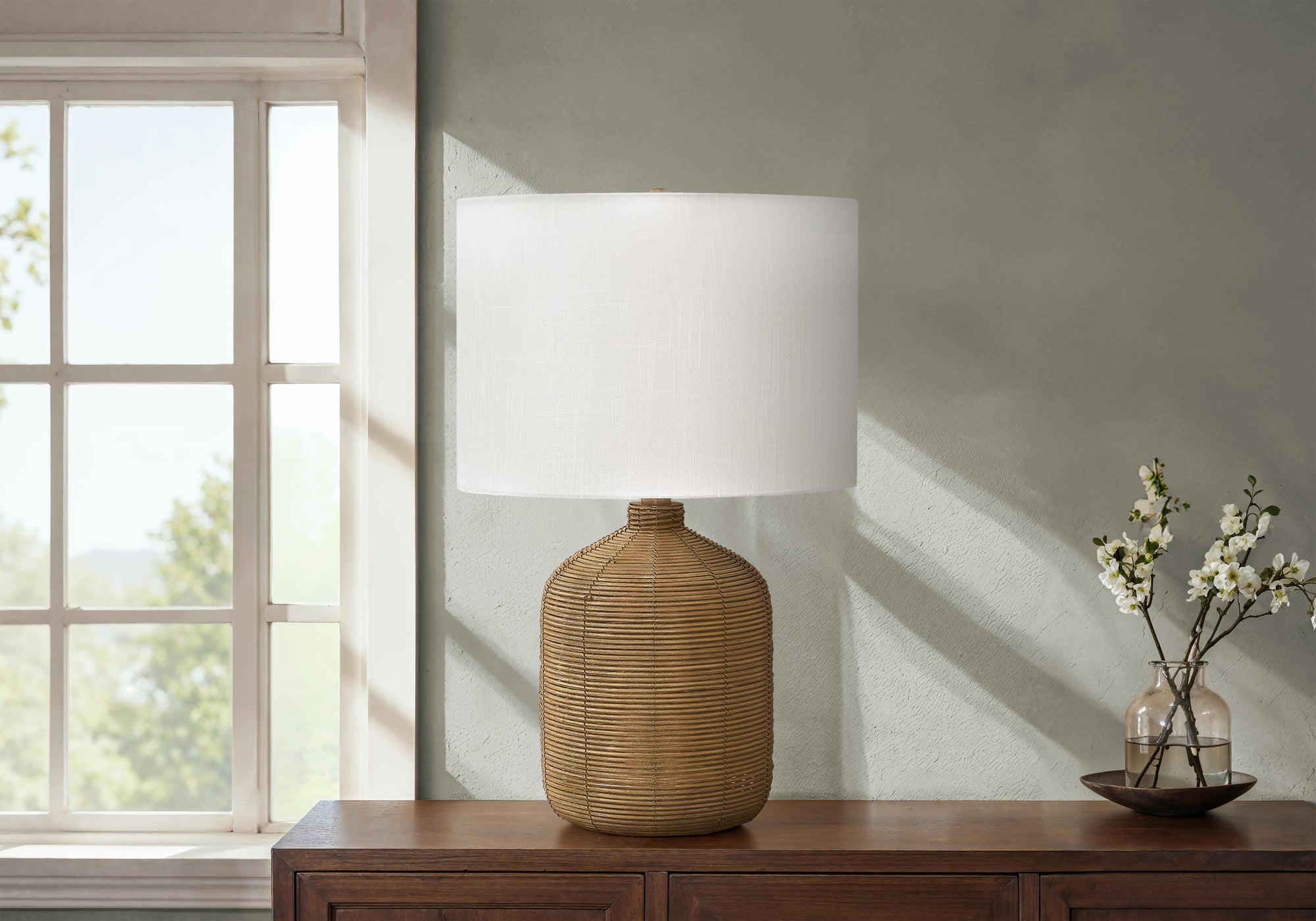 LIGHTING - 23""H TABLE LAMP BROWN RATTAN / BEIGE SHADE