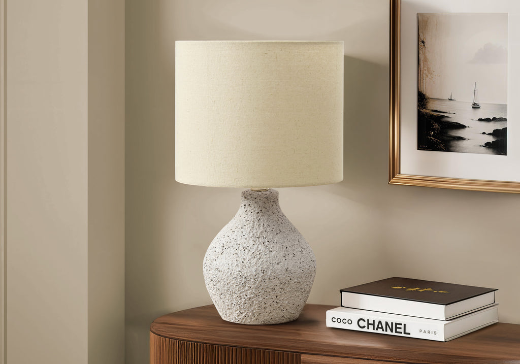 LIGHTING - 16""H TABLE LAMP BEIGE RESIN / BEIGE SHADE