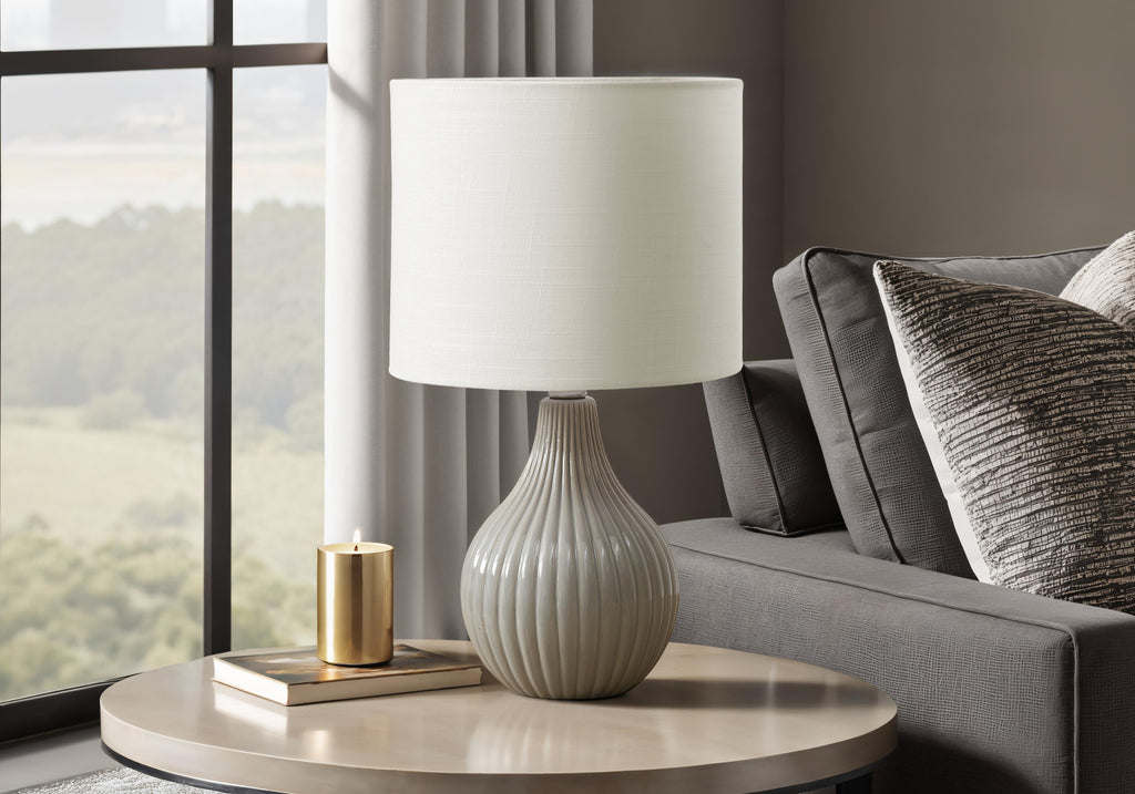 LIGHTING - 17""H TABLE LAMP GREY CERAMIC / IVORY SHADE