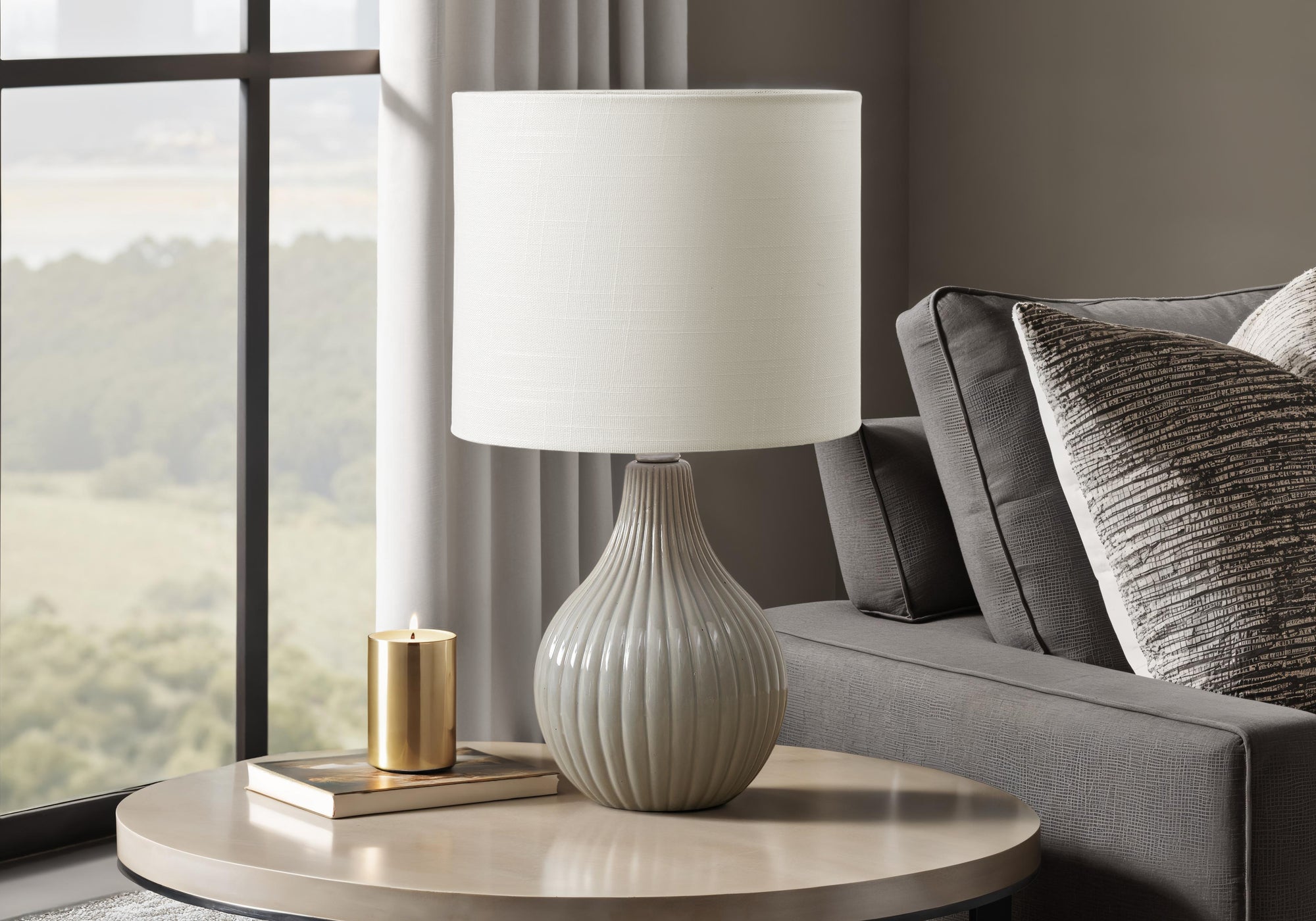 LIGHTING - 17""H TABLE LAMP GREY CERAMIC / IVORY SHADE
