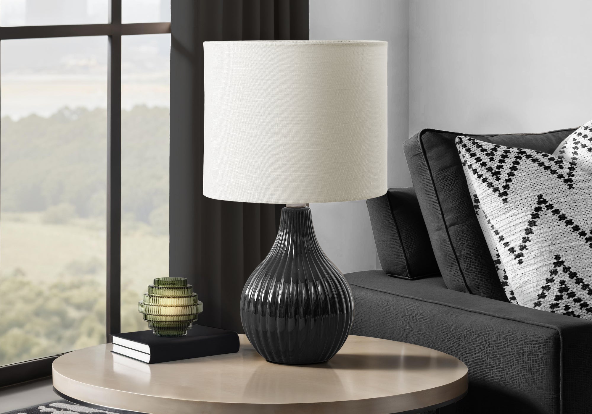 LIGHTING - 17""H TABLE LAMP BLACK CERAMIC / IVORY SHADE