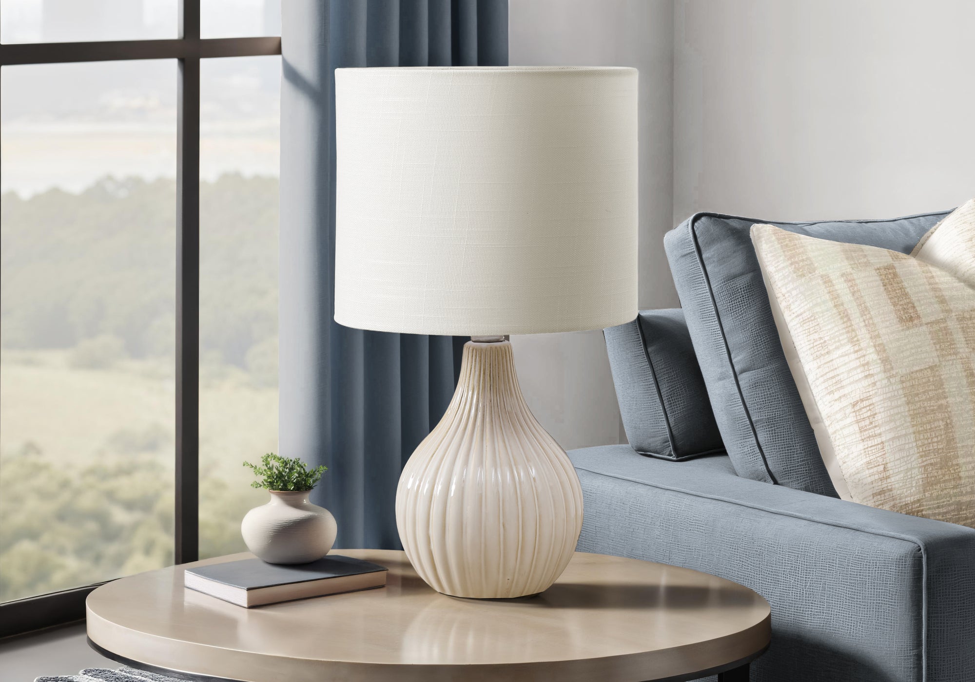 LIGHTING - 17""H TABLE LAMP BEIGE CERAMIC / IVORY SHADE