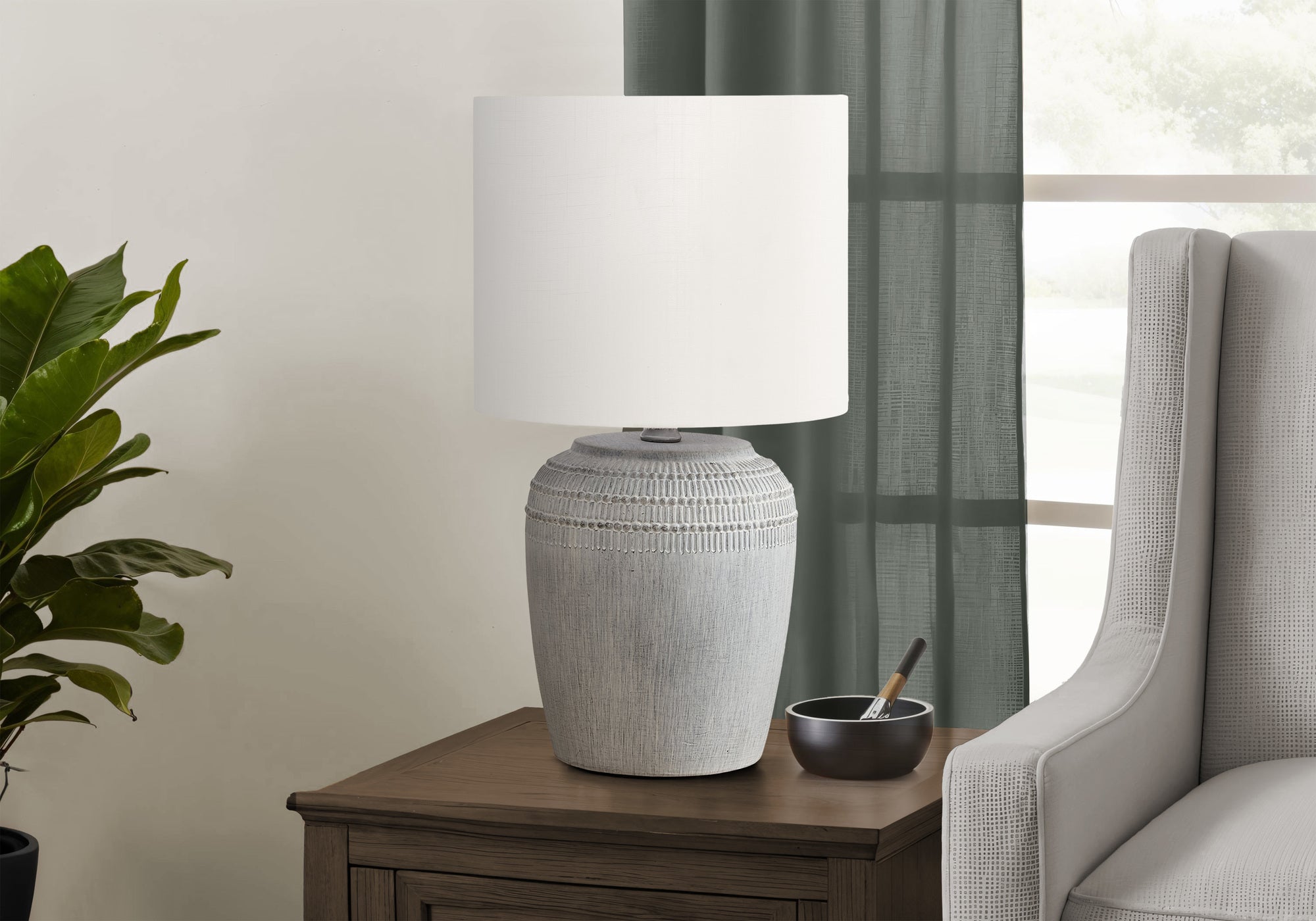 LIGHTING - 17""H TABLE LAMP GREY CERAMIC / IVORY SHADE
