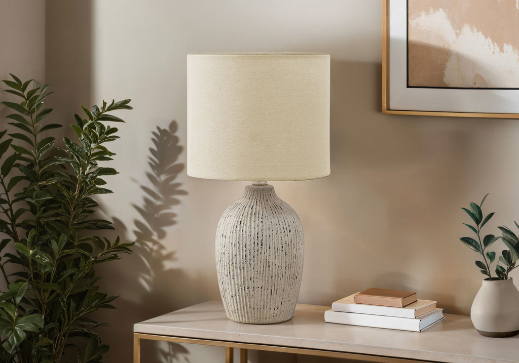 LIGHTING - 18""H TABLE LAMP BEIGE CERAMIC / BEIGE SHADE