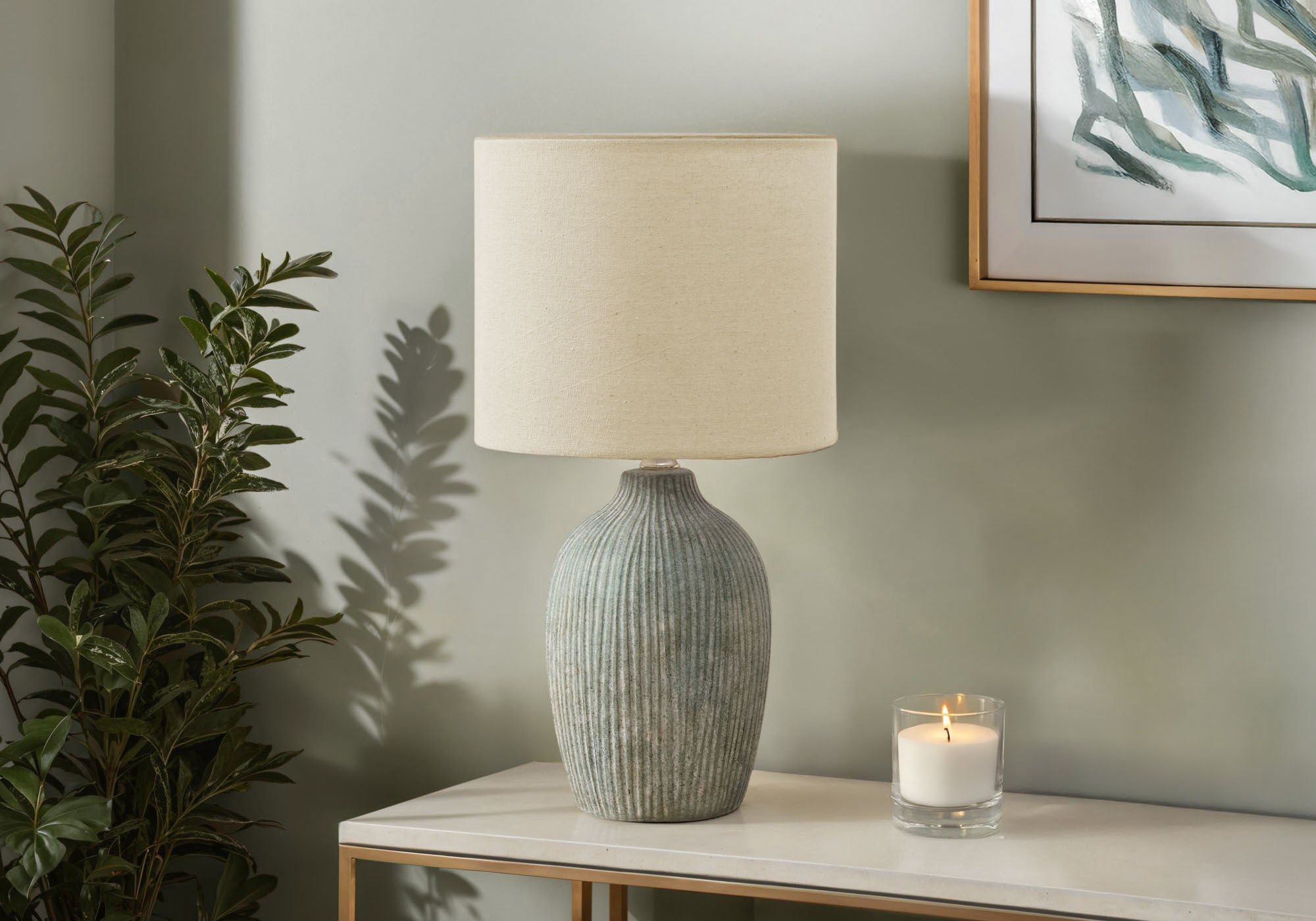 LIGHTING - 18""H TABLE LAMP GREEN CERAMIC / BEIGE SHADE