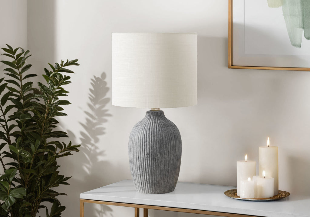 LIGHTING - 18""H TABLE LAMP GREY CERAMIC / IVORY SHADE
