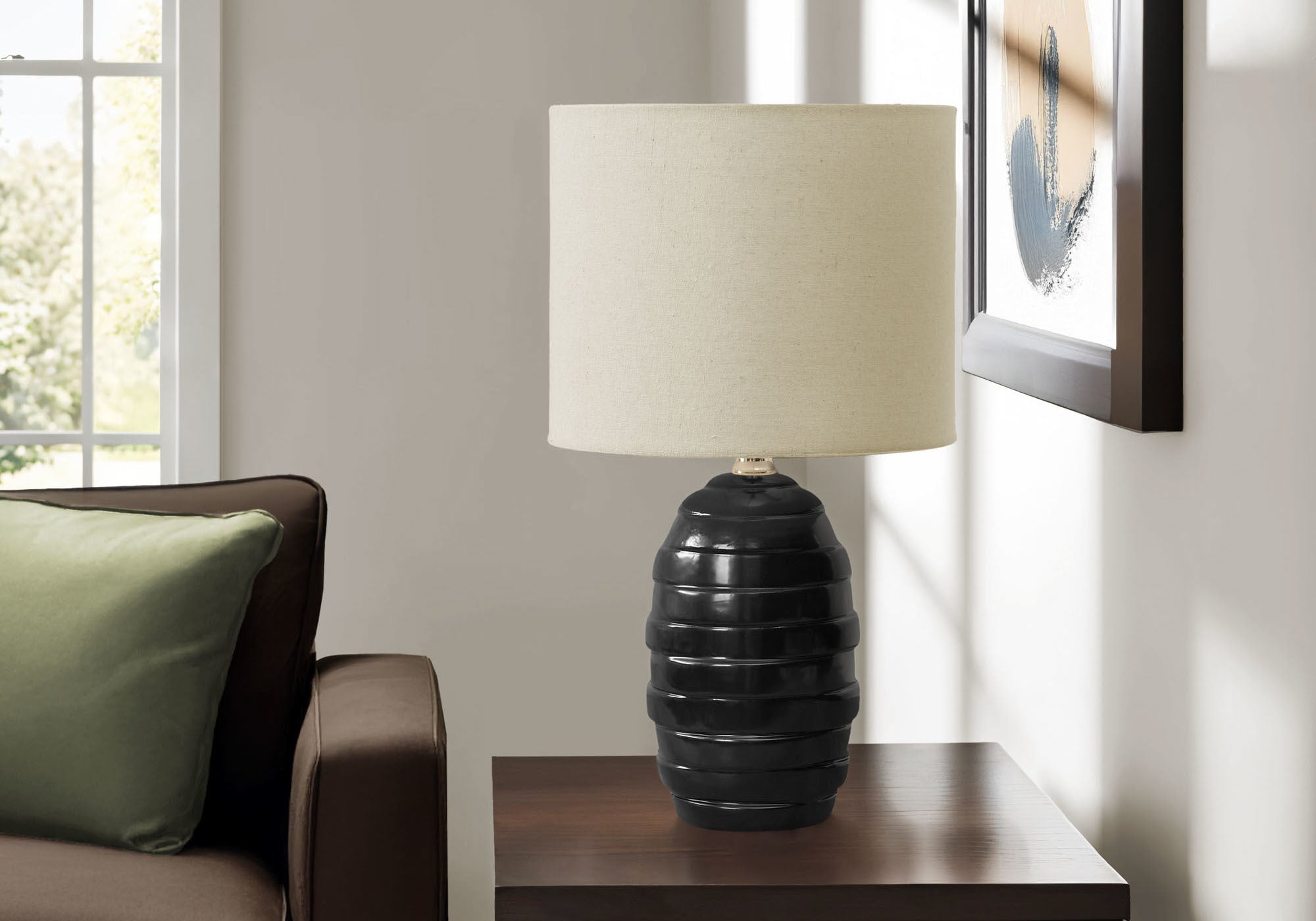 LIGHTING - 17""H TABLE LAMP BLACK CERAMIC / BEIGE SHADE