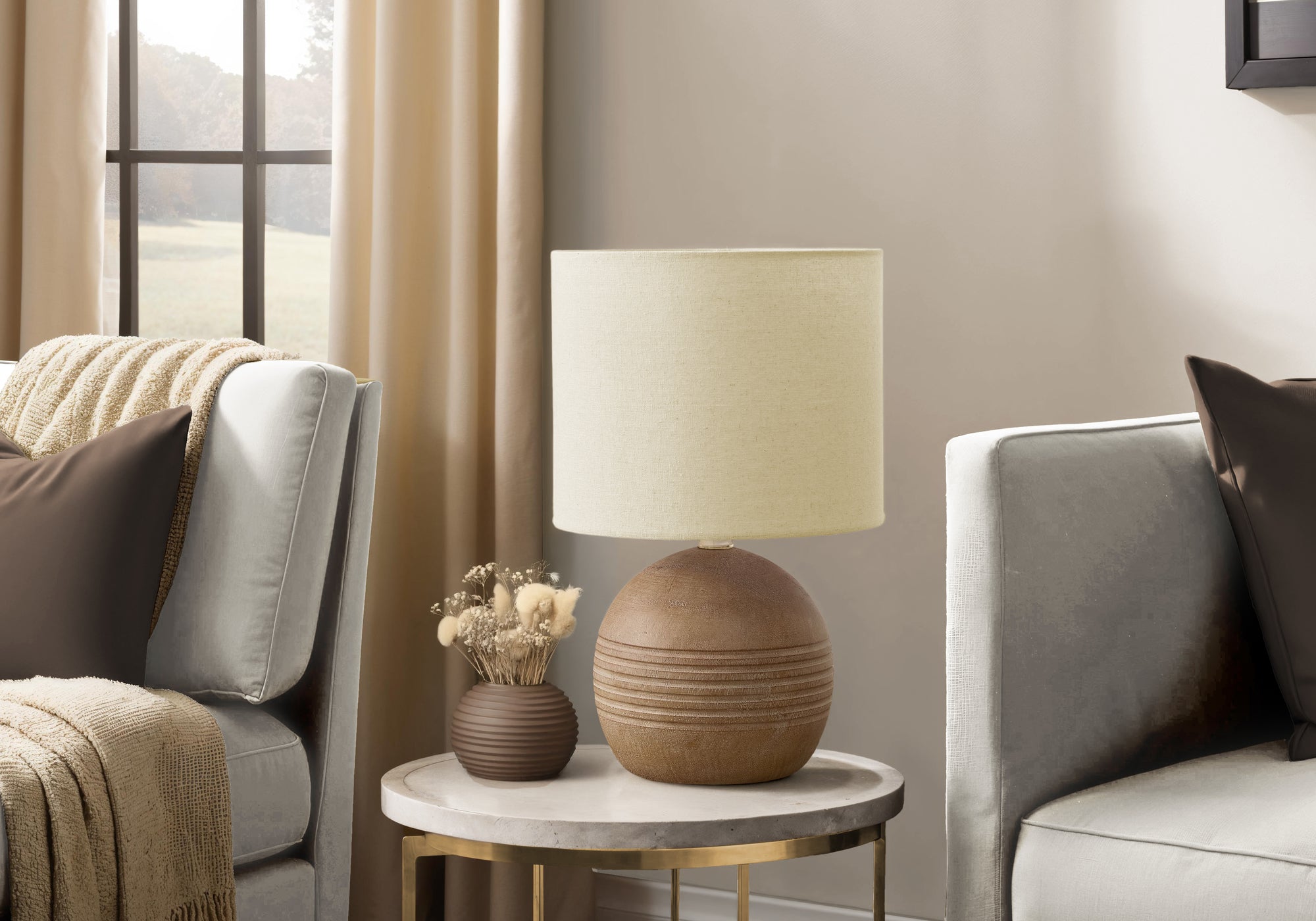 LIGHTING - 15""H TABLE LAMP BROWN RESIN / BEIGE SHADE