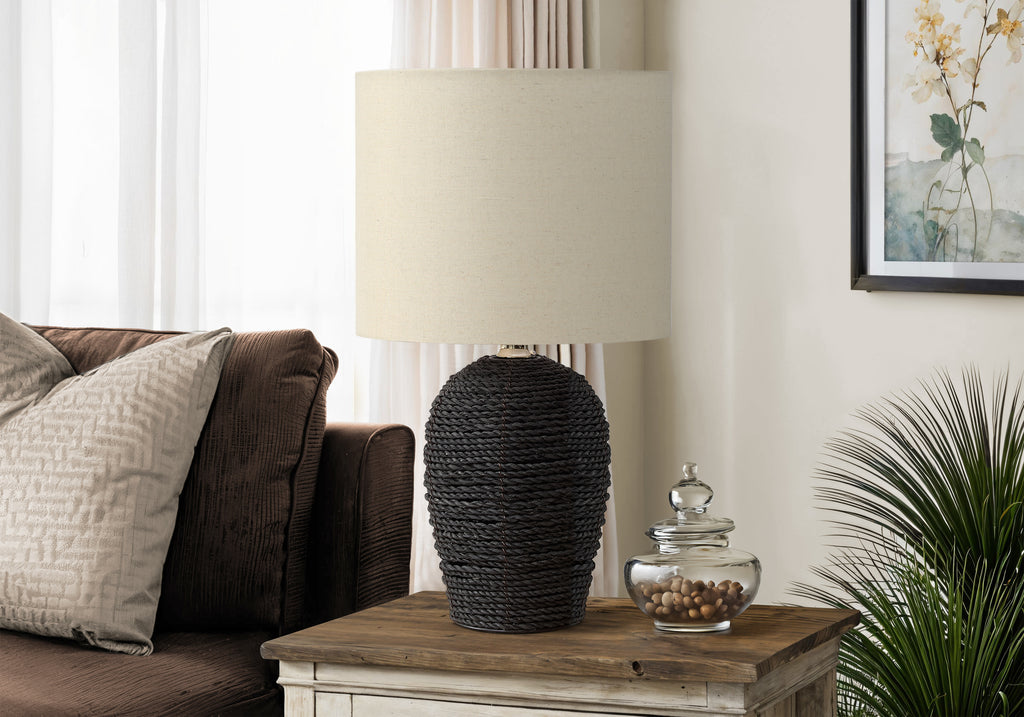 LIGHTING - 17""H TABLE LAMP BLACK RATTAN / BEIGE SHADE
