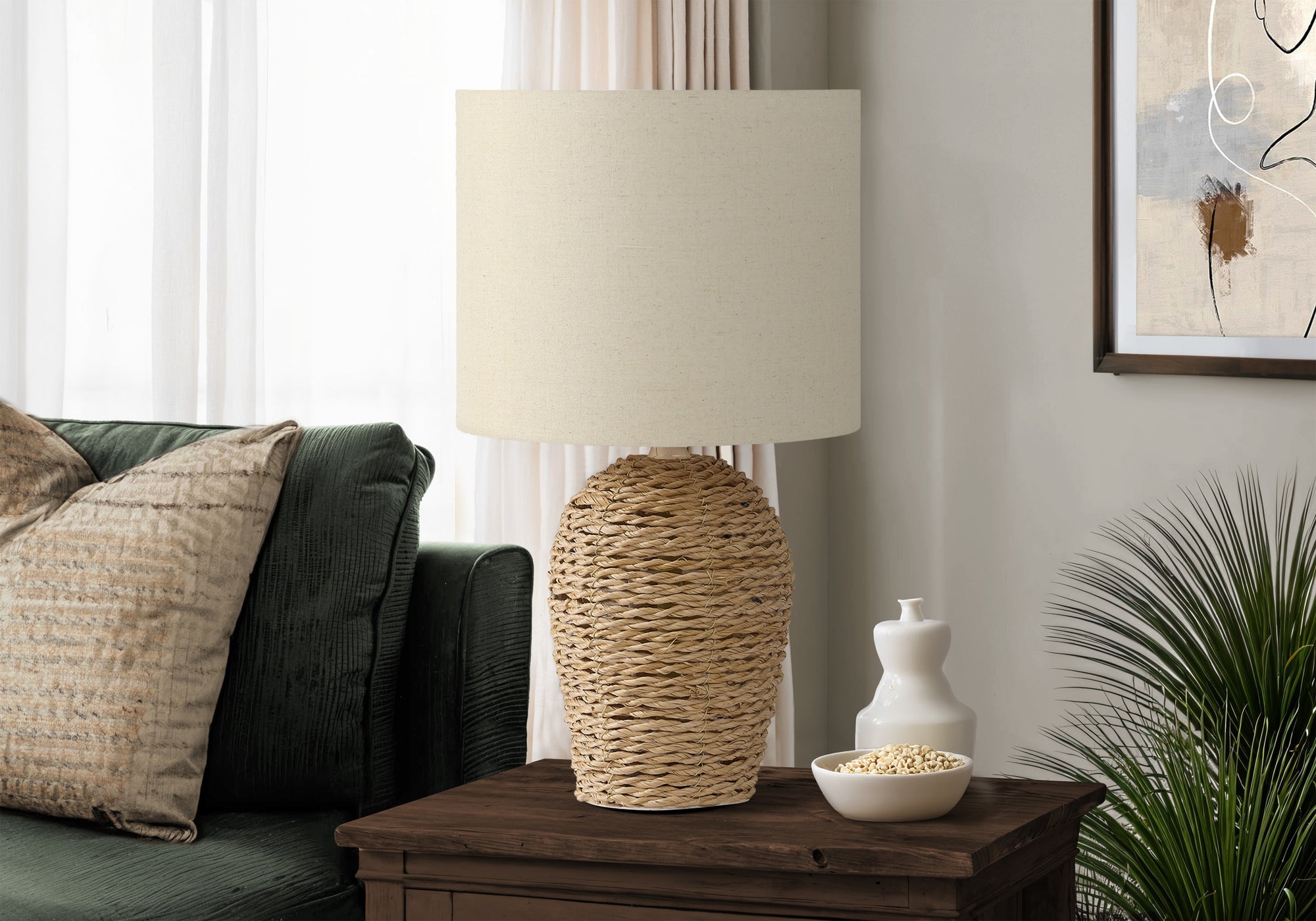 LIGHTING - 17""H TABLE LAMP NATURAL RATTAN / BEIGE SHADE