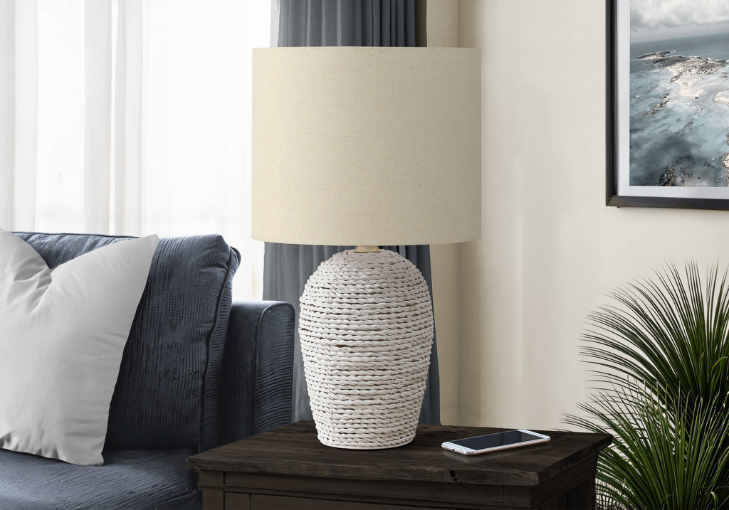 LIGHTING - 17""H TABLE LAMP WHITE RATTAN / BEIGE SHADE
