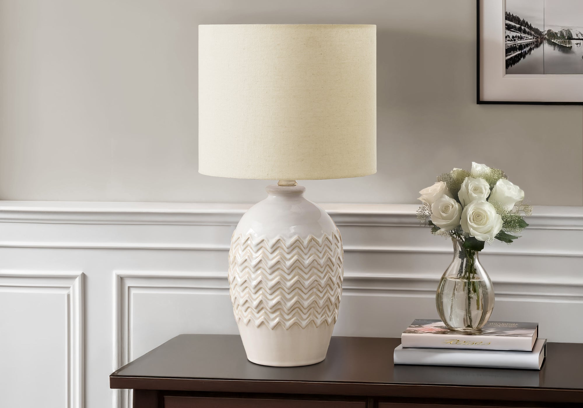 LIGHTING - 19""H TABLE LAMP IVORY CERAMIC / BEIGE SHADE