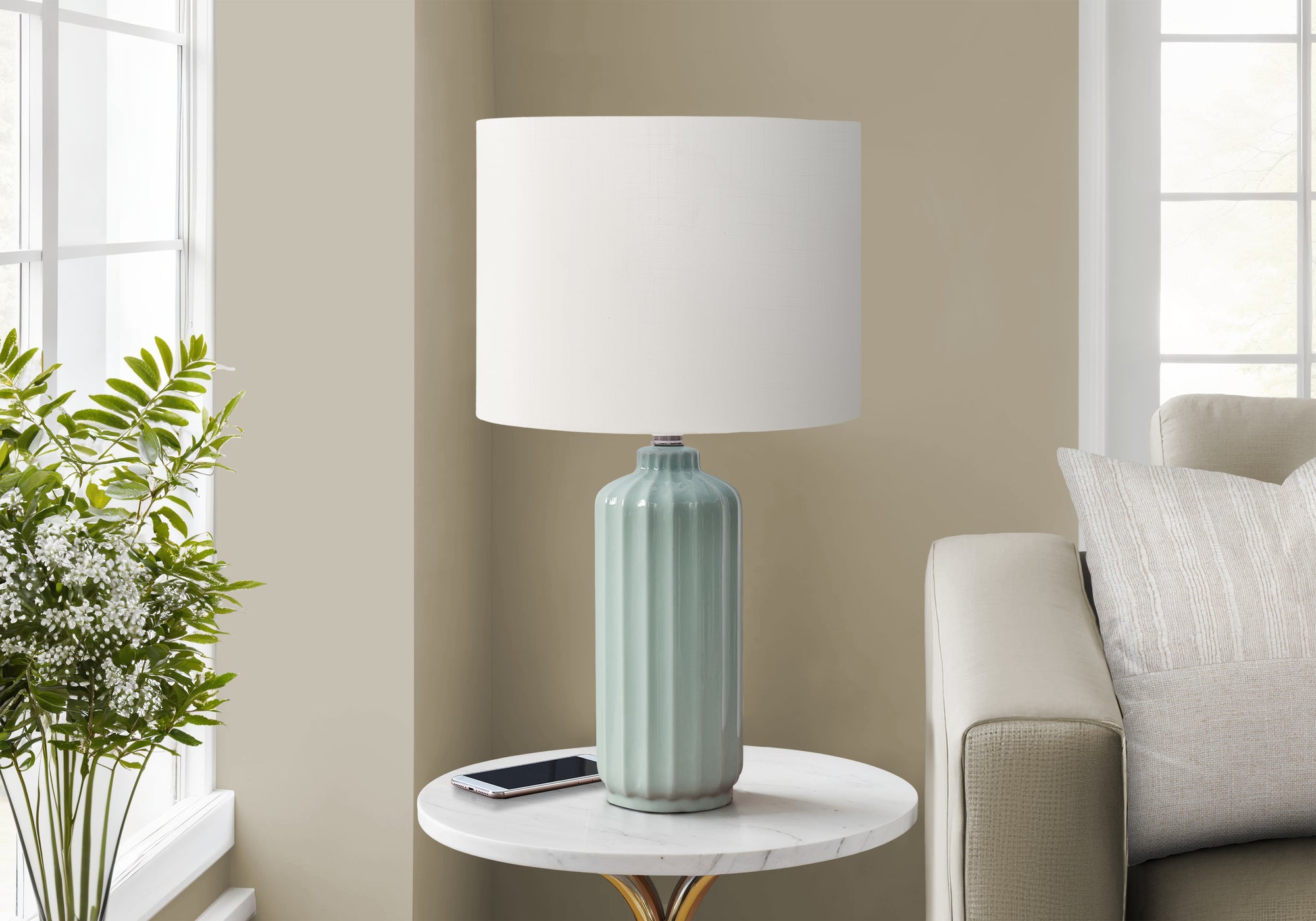 LIGHTING - 23""H TABLE LAMP GREEN CERAMIC / IVORY SHADE