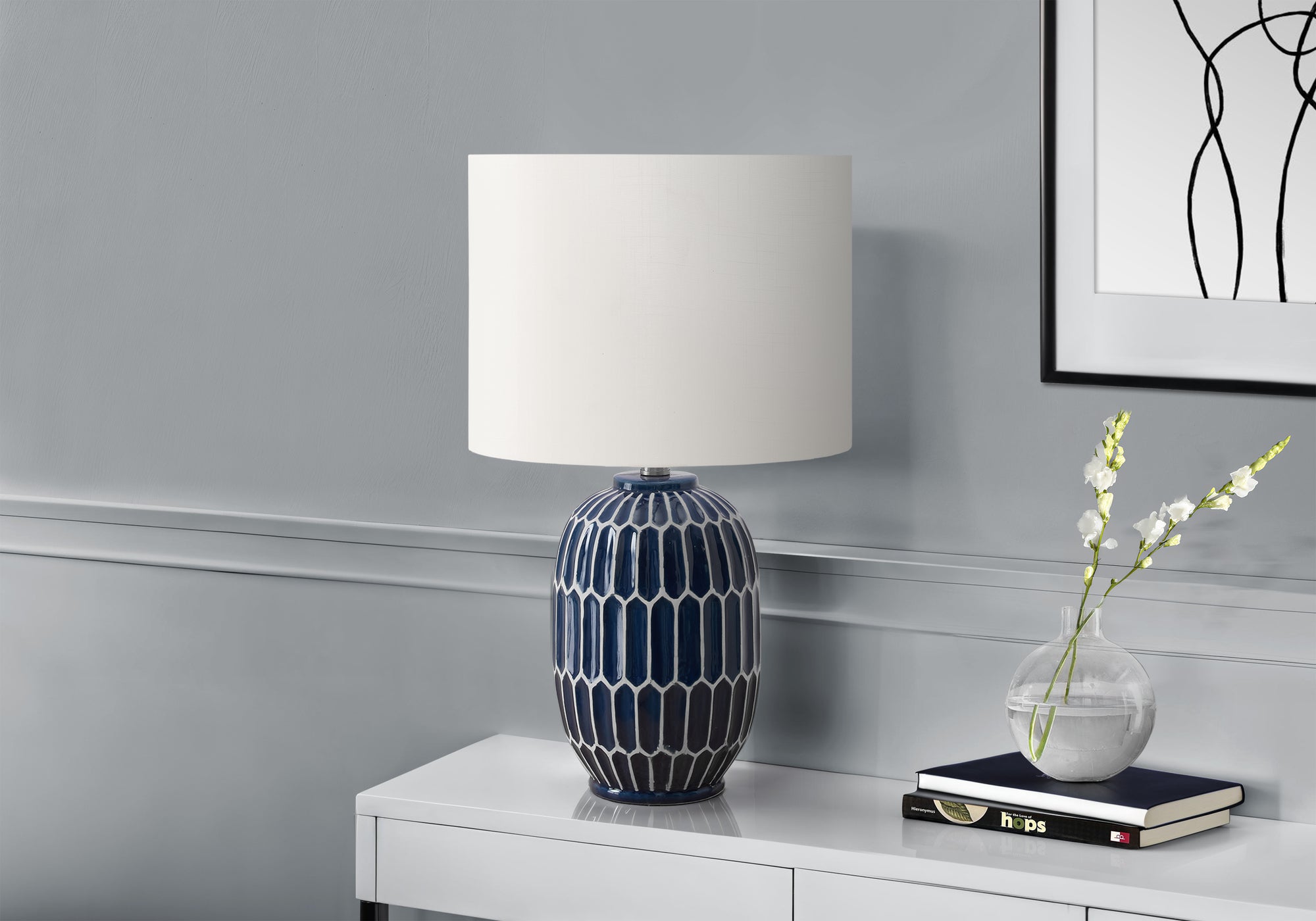LIGHTING - 22""H TABLE LAMP BLUE CERAMIC / IVORY SHADE