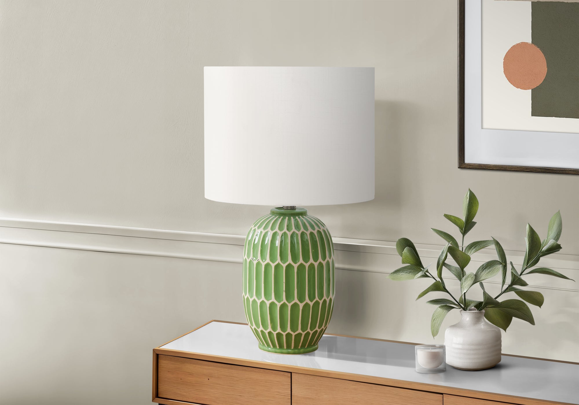 LIGHTING - 22""H TABLE LAMP GREEN CERAMIC / IVORY SHADE