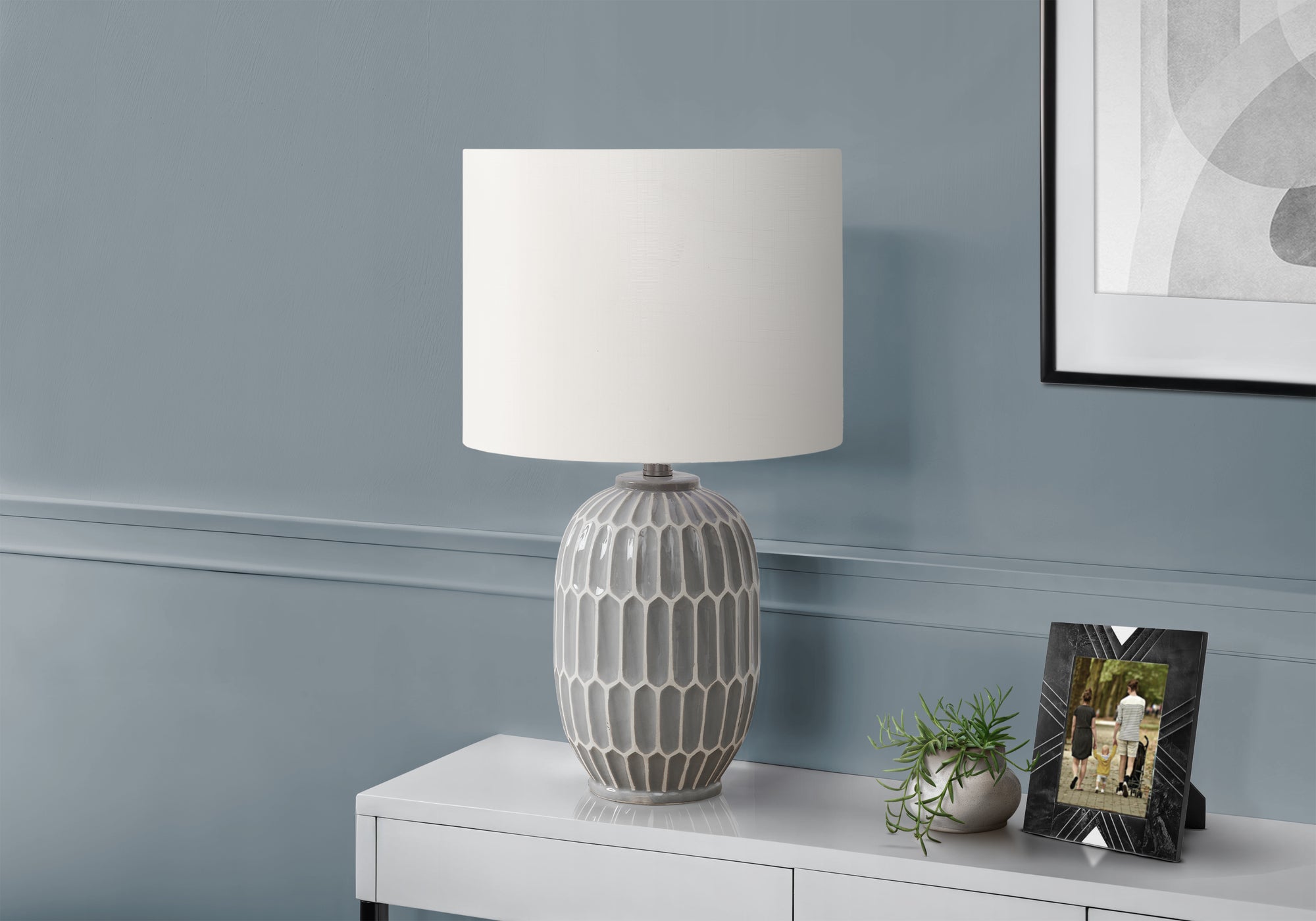 LIGHTING - 22""H TABLE LAMP GREY CERAMIC / IVORY SHADE