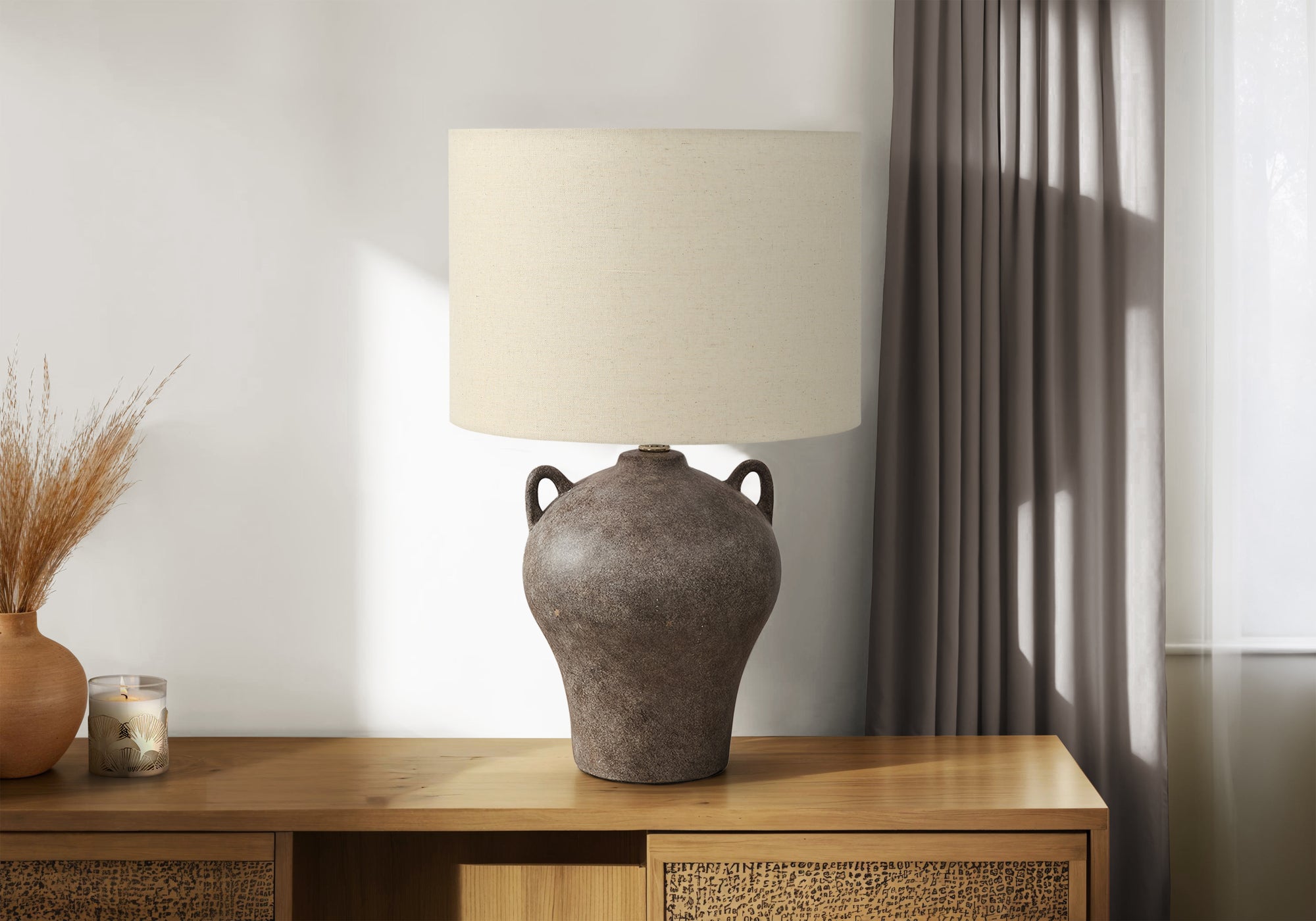 LIGHTING - 22""H TABLE LAMP BROWN CERAMIC / BEIGE SHADE